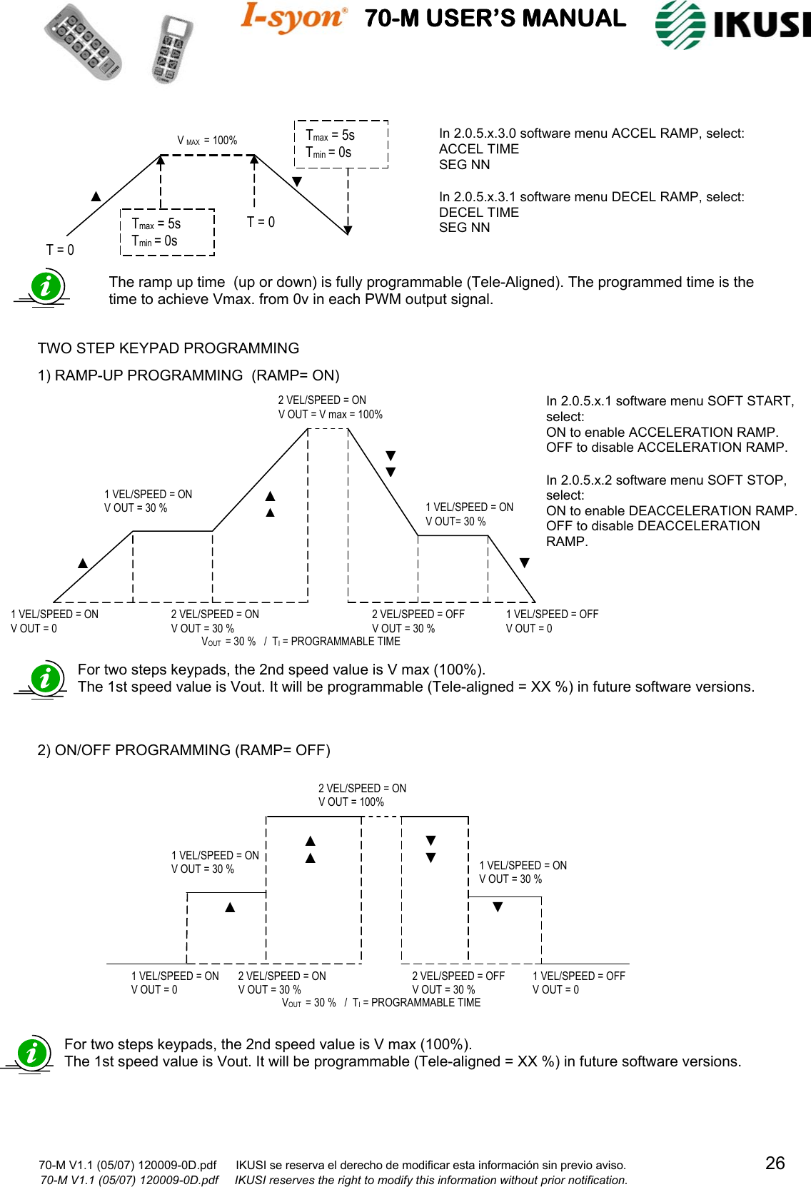                                          70-M USER’S MANUAL                                                                                                                      70-M V1.1 (05/07) 120009-0D.pdf      IKUSI se reserva el derecho de modificar esta información sin previo aviso.                                           26                   70-M V1.1 (05/07) 120009-0D.pdf     IKUSI reserves the right to modify this information without prior notification.                                                   The ramp up time  (up or down) is fully programmable (Tele-Aligned). The programmed time is the  time to achieve Vmax. from 0v in each PWM output signal. T = 0 Tmax = 5s Tmin = 0s ▲ T = 0 Tmax = 5s Tmin = 0s ▼ V MAX  = 100%  In 2.0.5.x.3.0 software menu ACCEL RAMP, select: ACCEL TIME SEG NN  In 2.0.5.x.3.1 software menu DECEL RAMP, select: DECEL TIME  SEG NN TWO STEP KEYPAD PROGRAMMING 2) ON/OFF PROGRAMMING(RAMP= OFF)1 VEL/SPEED = ON V OUT = 30 % ▲ ▲ ▲  2 VEL/SPEED = ON V OUT = 100%  1 VEL/SPEED = ON V OUT = 30 % ▼ ▼  ▼ VOUT  = 30 %   /  TI = PROGRAMMABLE TIME 1 VEL/SPEED = ON V OUT = 0 2 VEL/SPEED = ON V OUT = 30 % 2 VEL/SPEED = OFF V OUT = 30 % 1 VEL/SPEED = OFF V OUT = 0 For two steps keypads, the 2nd speed value is V max (100%).  The 1st speed value is Vout. It will be programmable (Tele-aligned = XX %)in future software versions.For two steps keypads, the 2nd speed value is V max (100%).  The 1st speed value is Vout. It will be programmable (Tele-aligned = XX %)in future software versions.1) RAMP-UP PROGRAMMING  (RAMP= ON)1 VEL/SPEED = ON V OUT = 0 2 VEL/SPEED = ON V OUT = V max = 100%  1 VEL/SPEED = ON V OUT = 30 % 2 VEL/SPEED = ON V OUT = 30 % VOUT  = 30 %   /  TI = PROGRAMMABLE TIME ▲ ▲ ▲ 2 VEL/SPEED = OFF V OUT = 30 % 1 VEL/SPEED = ON V OUT= 30 % 1 VEL/SPEED = OFF V OUT = 0 ▼ ▼ ▼ In 2.0.5.x.1 software menu SOFT START, select: ON to enable ACCELERATION RAMP. OFF to disable ACCELERATION RAMP.  In 2.0.5.x.2 software menu SOFT STOP, select: ON to enable DEACCELERATION RAMP. OFF to disable DEACCELERATION RAMP. 