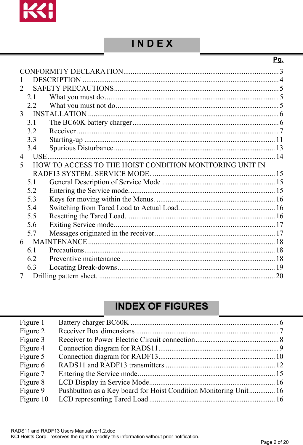     I N D E X   Pg. CONFORMITY DECLARATION.................................................................................... 3 1 DESCRIPTION .......................................................................................................... 4 2 SAFETY PRECAUTIONS......................................................................................... 5 2.1  What you must do .............................................................................................. 5 2.2  What you must not do........................................................................................ 5 3 INSTALLATION ....................................................................................................... 6 3.1  The BC60K battery charger............................................................................... 6 3.2 Receiver ............................................................................................................. 7 3.3 Starting-up ....................................................................................................... 11 3.4 Spurious Disturbance....................................................................................... 13 4 USE...........................................................................................................................14 5  HOW TO ACCESS TO THE HOIST CONDITION MONITORING UNIT IN RADF13 SYSTEM. SERVICE MODE. ..................................................................15 5.1  General Description of Service Mode .............................................................15 5.2  Entering the Service mode............................................................................... 15 5.3  Keys for moving within the Menus. ................................................................16 5.4  Switching from Tared Load to Actual Load.................................................... 16 5.5  Resetting the Tared Load................................................................................. 16 5.6  Exiting Service mode....................................................................................... 17 5.7  Messages originated in the receiver.................................................................17 6 MAINTENANCE ..................................................................................................... 18 6.1 Precautions....................................................................................................... 18 6.2 Preventive maintenance ................................................................................... 18 6.3 Locating Break-downs..................................................................................... 19 7  Drilling pattern sheet. ............................................................................................... 20   INDEX OF FIGURES   Figure 1   Battery charger BC60K ................................................................................6 Figure 2   Receiver Box dimensions ............................................................................. 7 Figure 3   Receiver to Power Electric Circuit connection............................................. 8 Figure 4   Connection diagram for RADS11................................................................. 9 Figure 5   Connection diagram for RADF13............................................................... 10 Figure 6   RADS11 and RADF13 transmitters ........................................................... 12 Figure 7   Entering the Service mode.......................................................................... 15 Figure 8   LCD Display in Service Mode.................................................................... 16 Figure 9   Pushbutton as a Key board for Hoist Condition Monitoring Unit.............. 16 Figure 10   LCD representing Tared Load .................................................................... 16 RADS11 and RADF13 Users Manual ver1.2.doc KCI Hoists Corp.  reserves the right to modify this information without prior notification. Page 2 of 20  