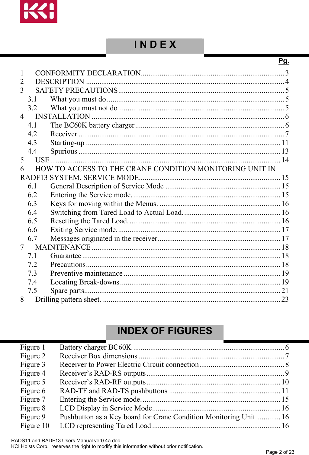     I N D E X   Pg. 1 CONFORMITY DECLARATION............................................................................ 3 2 DESCRIPTION ......................................................................................................... 4 3 SAFETY PRECAUTIONS........................................................................................ 5 3.1  What you must do ..............................................................................................5 3.2  What you must not do........................................................................................5 4 INSTALLATION ...................................................................................................... 6 4.1  The BC60K battery charger............................................................................... 6 4.2 Receiver ............................................................................................................. 7 4.3 Starting-up .......................................................................................................11 4.4 Spurious ........................................................................................................... 13 5 USE..........................................................................................................................14 6  HOW TO ACCESS TO THE CRANE CONDITION MONITORING UNIT IN RADF13 SYSTEM. SERVICE MODE........................................................................... 15 6.1  General Description of Service Mode .............................................................15 6.2  Entering the Service mode...............................................................................15 6.3  Keys for moving within the Menus. ................................................................ 16 6.4  Switching from Tared Load to Actual Load....................................................16 6.5  Resetting the Tared Load................................................................................. 16 6.6  Exiting Service mode....................................................................................... 17 6.7  Messages originated in the receiver................................................................. 17 7 MAINTENANCE ....................................................................................................18 7.1 Guarantee ......................................................................................................... 18 7.2 Precautions....................................................................................................... 18 7.3 Preventive maintenance ................................................................................... 19 7.4 Locating Break-downs.....................................................................................19 7.5 Spare parts........................................................................................................ 21 8  Drilling pattern sheet. ..............................................................................................23   INDEX OF FIGURES   Figure 1   Battery charger BC60K ................................................................................6 Figure 2   Receiver Box dimensions ............................................................................. 7 Figure 3   Receiver to Power Electric Circuit connection............................................. 8 Figure 4   Receiver’s RAD-RS outputs......................................................................... 9 Figure 5   Receiver’s RAD-RF outputs....................................................................... 10 Figure 6   RAD-TF and RAD-TS pushbuttons ...........................................................11 Figure 7   Entering the Service mode..........................................................................15 Figure 8   LCD Display in Service Mode.................................................................... 16 Figure 9   Pushbutton as a Key board for Crane Condition Monitoring Unit .............16 Figure 10   LCD representing Tared Load .................................................................... 16 RADS11 and RADF13 Users Manual ver0.4a.doc KCI Hoists Corp.  reserves the right to modify this information without prior notification. Page 2 of 23  