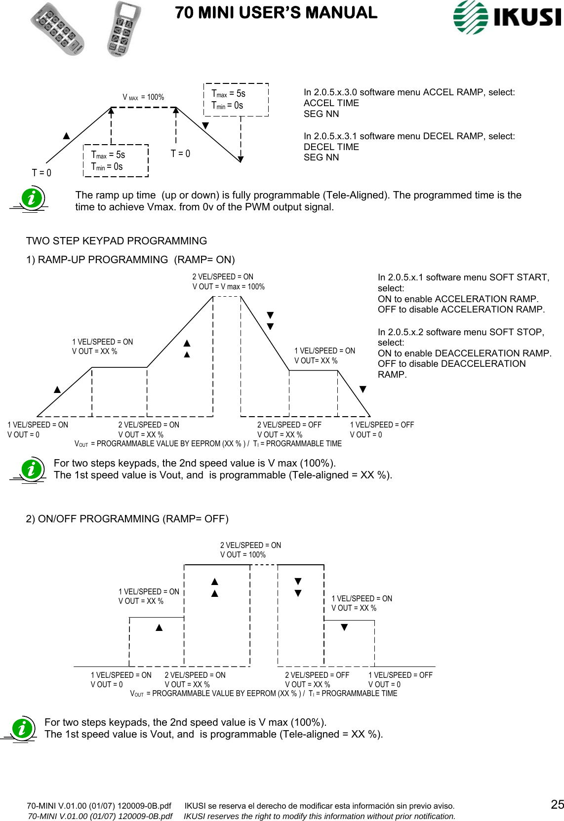                           70 MINI USER’S MANUAL                                                                                                                      70-MINI V.01.00 (01/07) 120009-0B.pdf      IKUSI se reserva el derecho de modificar esta información sin previo aviso.                                           25         70-MINI V.01.00 (01/07) 120009-0B.pdf     IKUSI reserves the right to modify this information without prior notification.                                                   The ramp up time  (up or down) is fully programmable (Tele-Aligned). The programmed time is the  time to achieve Vmax. from 0v of the PWM output signal. T = 0 Tmax = 5s Tmin = 0s ▲ T = 0 Tmax = 5s Tmin = 0s ▼ V MAX  = 100%  In 2.0.5.x.3.0 software menu ACCEL RAMP, select: ACCEL TIME SEG NN  In 2.0.5.x.3.1 software menu DECEL RAMP, select: DECEL TIME  SEG NN TWO STEP KEYPAD PROGRAMMING 2) ON/OFF PROGRAMMING(RAMP= OFF)1 VEL/SPEED = ON V OUT = XX % ▲ ▲ ▲  2 VEL/SPEED = ON V OUT = 100%  1 VEL/SPEED = ON V OUT = XX % ▼ ▼  ▼ VOUT  = PROGRAMMABLE VALUE BY EEPROM (XX % ) /  TI = PROGRAMMABLE TIME 1 VEL/SPEED = ON V OUT = 0 2 VEL/SPEED = ON V OUT = XX % 2 VEL/SPEED = OFF V OUT = XX % 1 VEL/SPEED = OFF V OUT = 0 For two steps keypads, the 2nd speed value is V max (100%).  The 1st speed value is Vout, and  is programmable (Tele-aligned = XX %).For two steps keypads, the 2nd speed value is V max (100%).  The 1st speed value is Vout, and  is programmable (Tele-aligned = XX %).1) RAMP-UP PROGRAMMING  (RAMP= ON)1 VEL/SPEED = ON V OUT = 0 2 VEL/SPEED = ON V OUT = V max = 100%  1 VEL/SPEED = ON V OUT = XX % 2 VEL/SPEED = ON V OUT = XX % VOUT  = PROGRAMMABLE VALUE BY EEPROM (XX % ) /  TI = PROGRAMMABLE TIME ▲ ▲ ▲ 2 VEL/SPEED = OFF V OUT = XX % 1 VEL/SPEED = ON V OUT= XX % 1 VEL/SPEED = OFF V OUT = 0 ▼ ▼ ▼ In 2.0.5.x.1 software menu SOFT START, select: ON to enable ACCELERATION RAMP. OFF to disable ACCELERATION RAMP.  In 2.0.5.x.2 software menu SOFT STOP, select: ON to enable DEACCELERATION RAMP. OFF to disable DEACCELERATION RAMP. 