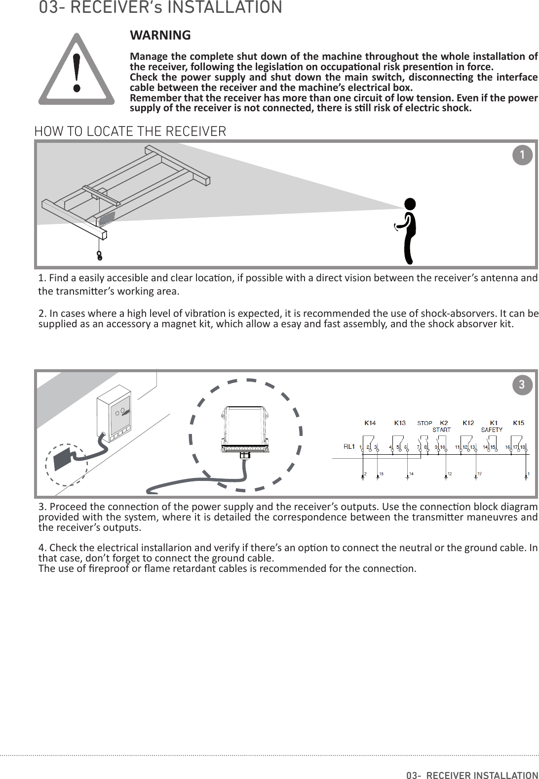 103- RECEIVER’s INSTALLATION03-  RECEIVER INSTALLATIONWARNINGManage the complete shut down of the machine throughout the whole installa on of the receiver, following the legisla on on occupa onal risk presen on in force. Check the power supply and  shut down the main switch, disconnec ng the interface cable between the receiver and the machine’s electrical box.Remember that the receiver has more than one circuit of low tension. Even if the power supply of the receiver is not connected, there is s ll risk of electric shock.HOW TO LOCATE THE RECEIVER31. Find a easily accesible and clear loca on, if possible with a direct vision between the receiver’s antenna and the transmi er’s working area.2. In cases where a high level of vibra on is expected, it is recommended the use of shock-absorvers. It can be supplied as an accessory a magnet kit, which allow a esay and fast assembly, and the shock absorver kit.3. Proceed the connec on of the power supply and the receiver’s outputs. Use the connec on block diagram provided with the system, where it is detailed the correspondence between the transmi er maneuvres and the receiver’s outputs.4. Check the electrical installarion and verify if there’s an op on to connect the neutral or the ground cable. In that case, don’t forget to connect the ground cable.The use of ﬁ reproof or ﬂ ame retardant cables is recommended for the connec on.