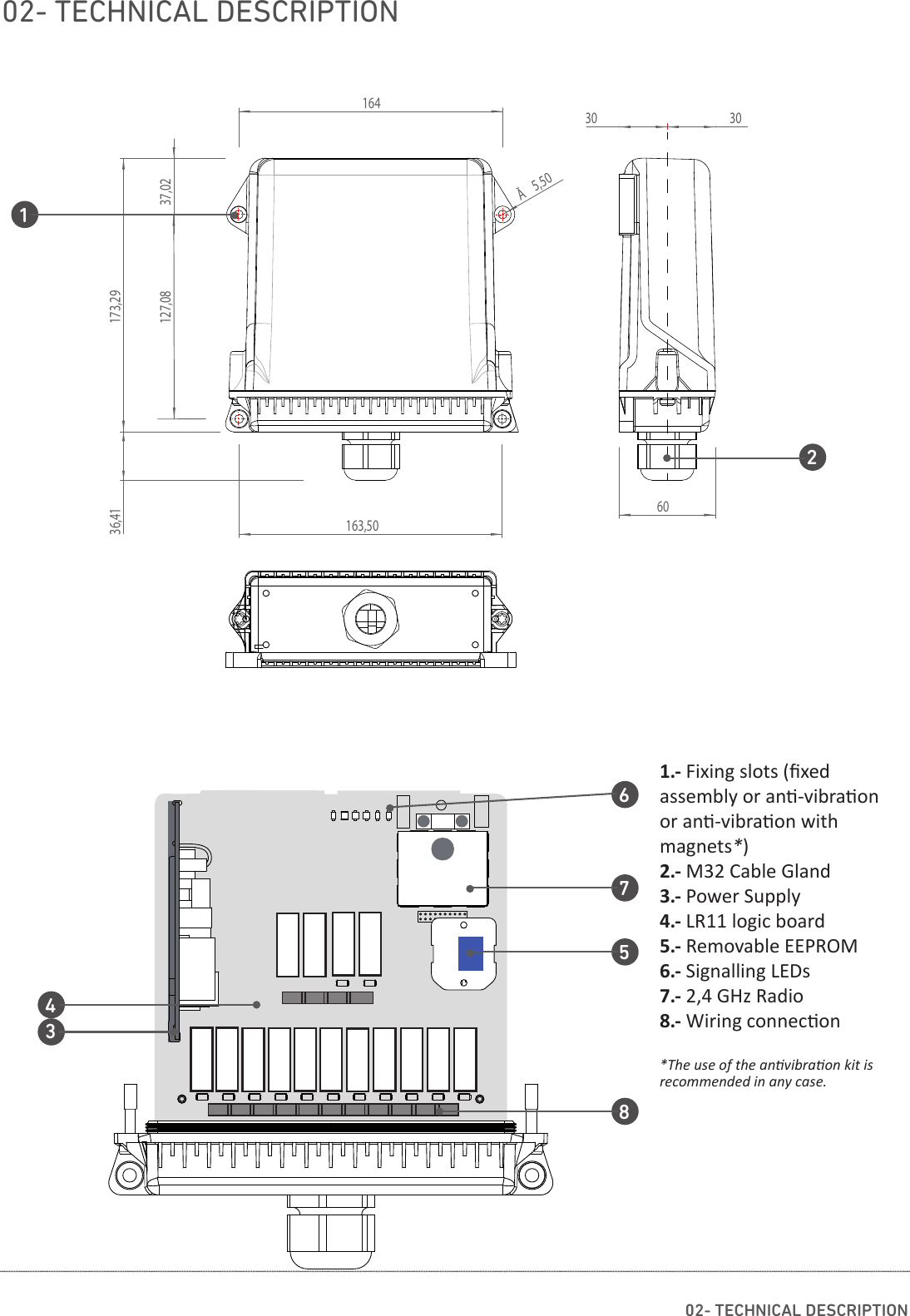 02- TECHNICAL DESCRIPTION02- TECHNICAL DESCRIPTION164163,50127,08173,29Ă5,5036,4137,0230 30601.- Fixing slots (ﬁ xed           assembly or an -vibra on or an -vibra on with      magnets*)2.- M32 Cable Gland3.- Power Supply4.- LR11 logic board5.- Removable EEPROM6.- Signalling LEDs7.- 2,4 GHz Radio8.- Wiring connec on*The use of the an vibra on kit is recommended in any case.12854376