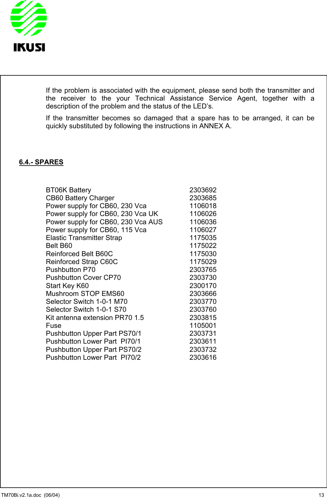                If the problem is associated with the equipment, please send both the transmitter and the receiver to the your Technical Assistance Service Agent, together with a description of the problem and the status of the LED’s.  If the transmitter becomes so damaged that a spare has to be arranged, it can be quickly substituted by following the instructions in ANNEX A.    6.4.- SPARES   BT06K Battery  2303692 CB60 Battery Charger  2303685 Power supply for CB60, 230 Vca  1106018 Power supply for CB60, 230 Vca UK  1106026 Power supply for CB60, 230 Vca AUS  1106036 Power supply for CB60, 115 Vca  1106027 Elastic Transmitter Strap  1175035 Belt B60  1175022 Reinforced Belt B60C  1175030 Reinforced Strap C60C  1175029 Pushbutton P70  2303765 Pushbutton Cover CP70  2303730 Start Key K60  2300170 Mushroom STOP EMS60  2303666 Selector Switch 1-0-1 M70  2303770 Selector Switch 1-0-1 S70  2303760 Kit antenna extension PR70 1.5  2303815 Fuse 1105001 Pushbutton Upper Part PS70/1   2303731 Pushbutton Lower Part  PI70/1  2303611 Pushbutton Upper Part PS70/2   2303732 Pushbutton Lower Part  PI70/2  2303616    TM70Bi.v2.1a.doc  (06/04)  13 