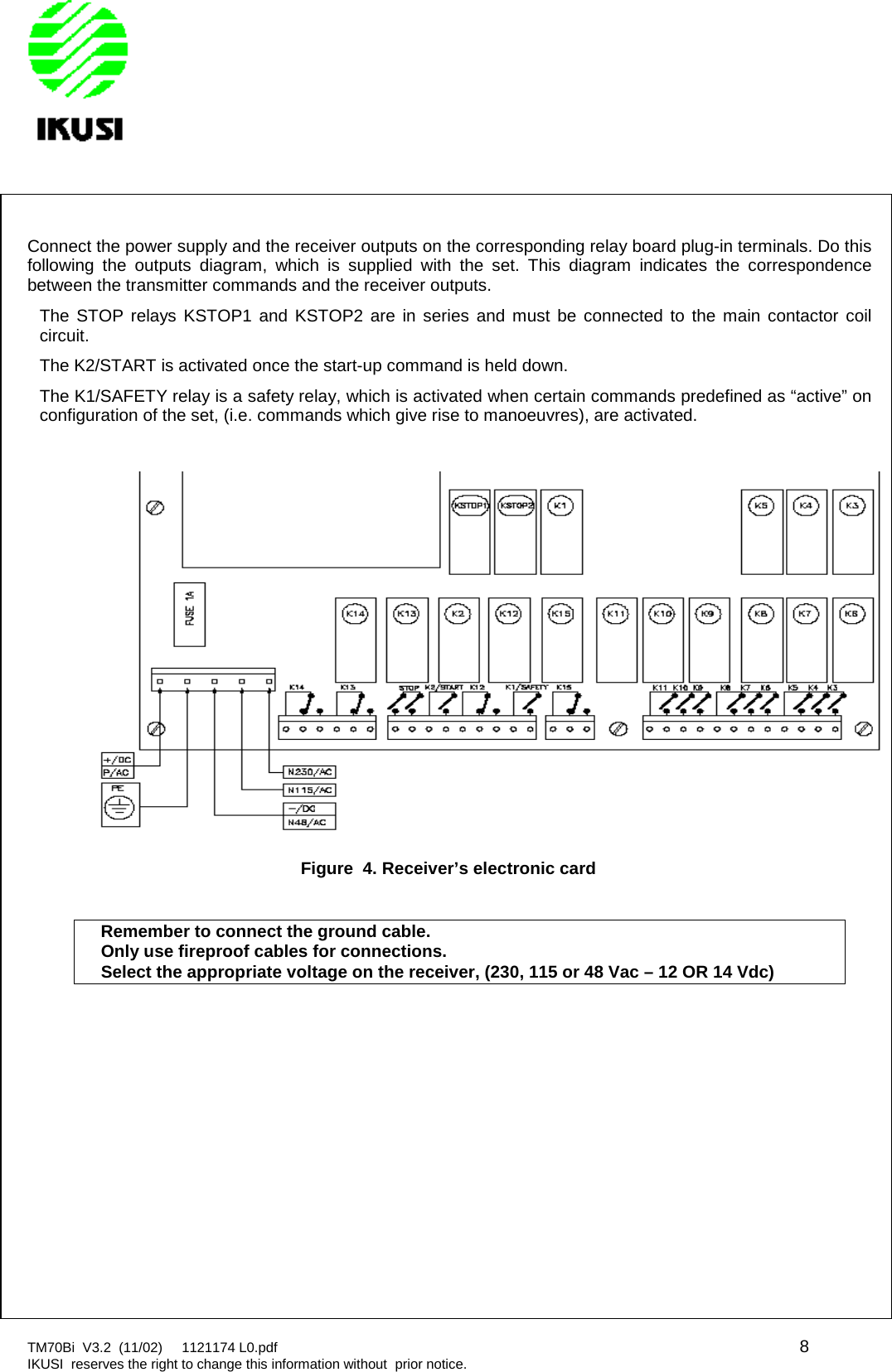 TM70Bi V3.2 (11/02) 1121174 L0.pdf 8IKUSI reserves the right to change this information without prior notice.Connect the power supply and the receiver outputs on the corresponding relay board plug-in terminals. Do thisfollowing the outputs diagram, which is supplied with the set. This diagram indicates the correspondencebetween the transmitter commands and the receiver outputs.The STOP relays KSTOP1 and KSTOP2 are in series and must be connected to the main contactor coilcircuit.The K2/START is activated once the start-up command is held down.The K1/SAFETY relay is a safety relay, which is activated when certain commands predefined as “active” onconfiguration of the set, (i.e. commands which give rise to manoeuvres), are activated.Figure 4. Receiver’s electronic cardRemember to connect the ground cable.Only use fireproof cables for connections.Select the appropriate voltage on the receiver, (230, 115 or 48 Vac – 12 OR 14 Vdc)