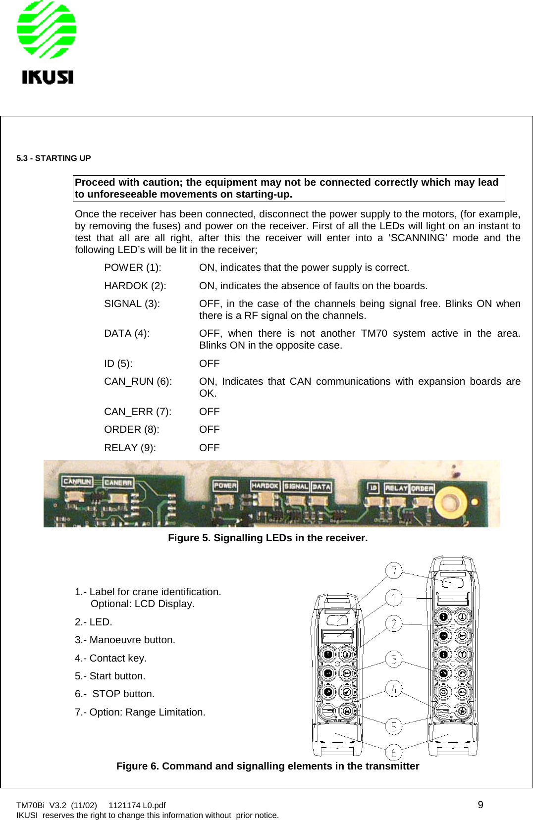 TM70Bi V3.2 (11/02) 1121174 L0.pdf 9IKUSI reserves the right to change this information without prior notice.5.3 - STARTING UPProceed with caution; the equipment may not be connected correctly which may leadto unforeseeable movements on starting-up.Once the receiver has been connected, disconnect the power supply to the motors, (for example,by removing the fuses) and power on the receiver. First of all the LEDs will light on an instant totest that all are all right, after this the receiver will enter into a ‘SCANNING’ mode and thefollowing LED’s will be lit in the receiver;POWER (1): ON, indicates that the power supply is correct.HARDOK (2): ON, indicates the absence of faults on the boards.SIGNAL (3): OFF, in the case of the channels being signal free. Blinks ON whenthere is a RF signal on the channels.DATA (4): OFF, when there is not another TM70 system active in the area.Blinks ON in the opposite case.ID (5): OFFCAN_RUN (6): ON, Indicates that CAN communications with expansion boards areOK.CAN_ERR (7): OFFORDER (8): OFFRELAY (9): OFFFigure 5. Signalling LEDs in the receiver.1.- Label for crane identification.Optional: LCD Display.2.- LED.3.- Manoeuvre button.4.- Contact key.5.- Start button.6.- STOP button.7.- Option: Range Limitation.Figure 6. Command and signalling elements in the transmitter