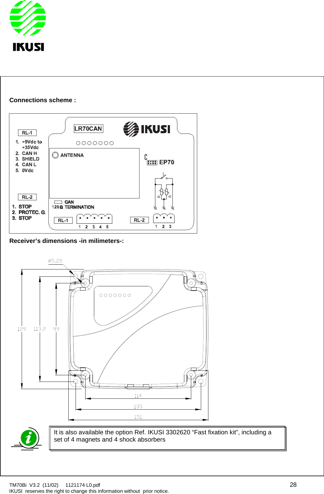 TM70Bi V3.2 (11/02) 1121174 L0.pdf 28IKUSI reserves the right to change this information without prior notice.Connections scheme :Receiver’s dimensions -in milimeters-:It is also available the option Ref. IKUSI 3302620 “Fast fixation kit”, including aset of 4 magnets and 4 shock absorbers