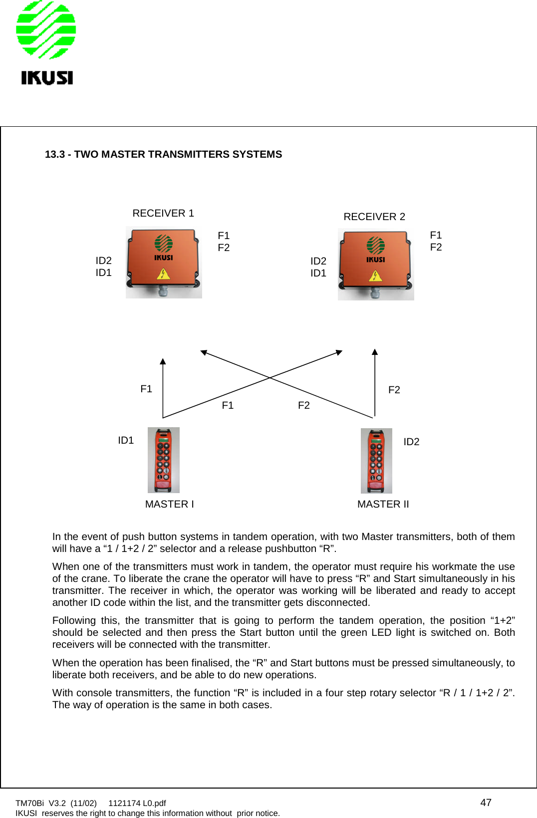 TM70Bi V3.2 (11/02) 1121174 L0.pdf 47IKUSI reserves the right to change this information without prior notice.13.3 - TWO MASTER TRANSMITTERS SYSTEMSIn the event of push button systems in tandem operation, with two Master transmitters, both of themwill have a “1 / 1+2 / 2” selector and a release pushbutton “R”.When one of the transmitters must work in tandem, the operator must require his workmate the useof the crane. To liberate the crane the operator will have to press “R” and Start simultaneously in histransmitter. The receiver in which, the operator was working will be liberated and ready to acceptanother ID code within the list, and the transmitter gets disconnected.Following this, the transmitter that is going to perform the tandem operation, the position “1+2”should be selected and then press the Start button until the green LED light is switched on. Bothreceivers will be connected with the transmitter.When the operation has been finalised, the “R” and Start buttons must be pressed simultaneously, toliberate both receivers, and be able to do new operations.With console transmitters, the function “R” is included in a four step rotary selector “R / 1 / 1+2 / 2”.The way of operation is the same in both cases.F1F1 F2F2ID1 ID2ID2ID1 ID2ID1F1F2 F1F2MASTER I MASTER IIRECEIVER 1 RECEIVER 2