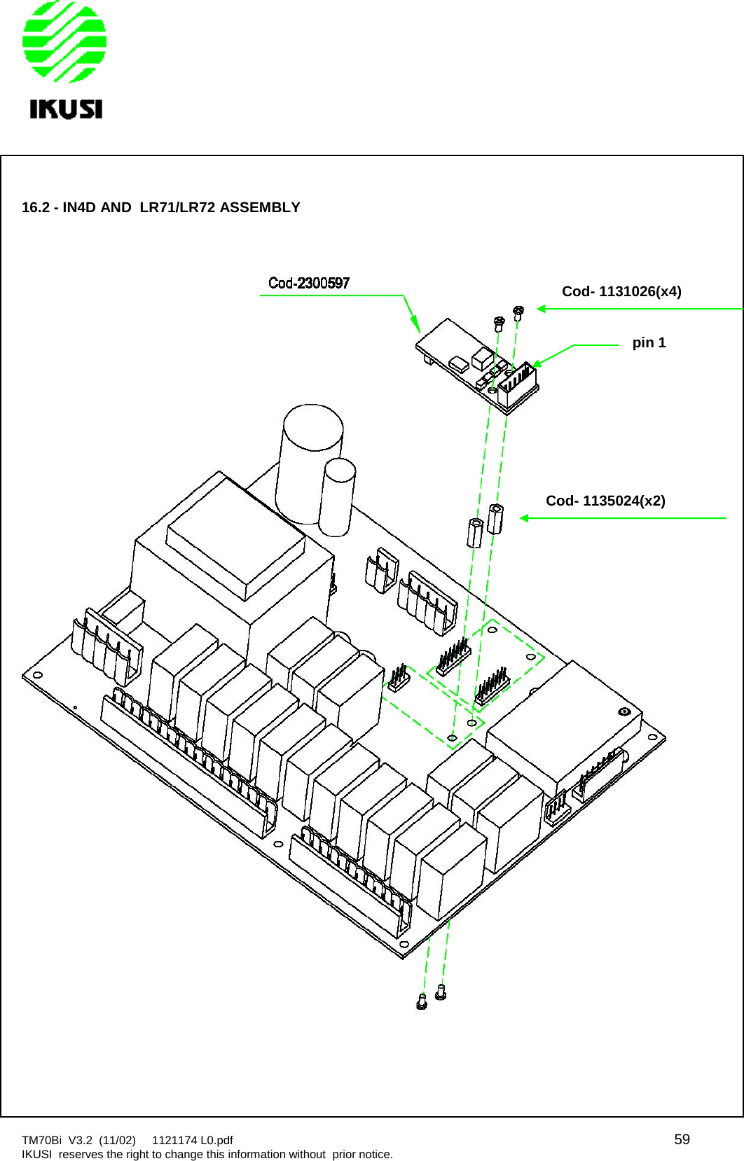 TM70Bi V3.2 (11/02) 1121174 L0.pdf 59IKUSI reserves the right to change this information without prior notice.16.2 - IN4D AND LR71/LR72 ASSEMBLYCod- 1131026(x4)Cod- 1135024(x2)pin 1