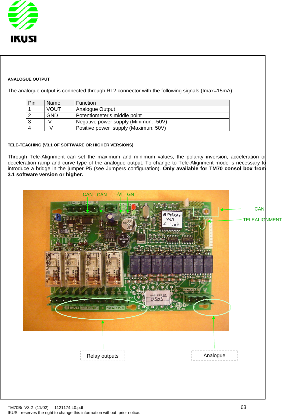 TM70Bi V3.2 (11/02) 1121174 L0.pdf 63IKUSI reserves the right to change this information without prior notice.ANALOGUE OUTPUTThe analogue output is connected through RL2 connector with the following signals (Imax=15mA):Pin Name Function1 VOUT Analogue Output2 GND Potentiometer’s middle point3 -V Negative power supply (Minimun: -50V)4 +V Positive power supply (Maximun: 50V)TELE-TEACHING (V3.1 OF SOFTWARE OR HIGHER VERSIONS)Through Tele-Alignment can set the maximum and minimum values, the polarity inversion, acceleration ordeceleration ramp and curve type of the analogue output. To change to Tele-Alignment mode is necessary tointroduce a bridge in the jumper P5 (see Jumpers configuration). Only available for TM70 consol box from3.1 software version or higher.+VI GNCANTELEALIGNMENTRelay outputsAnalogueCANCAN