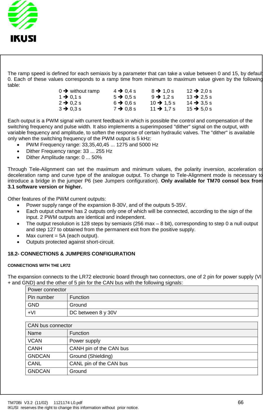 TM70Bi V3.2 (11/02) 1121174 L0.pdf 66IKUSI reserves the right to change this information without prior notice.The ramp speed is defined for each semiaxis by a parameter that can take a value between 0 and 15, by default0. Each of these values corresponds to a ramp time from minimum to maximum value given by the followingtable: 0without ramp 4 0,4 s 8 1,0 s 12 2,0 s10,1 s 5 0,5 s 9 1,2 s 13 2,5 s20,2 s 6 0,6 s 10 1,5 s 14 3,5 s30,3 s 7 0,8 s 11 1,7 s 15 5,0 sEach output is a PWM signal with current feedback in which is possible the control and compensation of theswitching frequency and pulse width. It also implements a superimposed &quot;dither&quot; signal on the output, withvariable frequency and amplitude, to soften the response of certain hydraulic valves. The &quot;dither&quot; is availableonly when the switching frequency of the PWM output is 5 kHz:PWM Frequency range: 33,35,40,45 ... 1275 and 5000 HzDither Frequency range: 33 ... 255 HzDither Amplitude range: 0 ... 50%Through Tele-Alignment can set the maximum and minimum values, the polarity inversion, acceleration ordeceleration ramp and curve type of the analogue output. To change to Tele-Alignment mode is necessary tointroduce a bridge in the jumper P6 (see Jumpers configuration). Only available for TM70 consol box from3.1 software version or higher.Other features of the PWM current outputs:Power supply range of the expansion 8-30V, and of the outputs 5-35V.Each output channel has 2 outputs only one of which will be connected, according to the sign of theinput. 2 PWM outputs are identical and independent.The output resolution is 128 steps by semiaxis (256 max – 8 bit), corresponding to step 0 a null outputand step 127 to obtained from the permanent exit from the positive supply.Max current = 5A (each output).Outputs protected against short-circuit.18.2- CONNECTIONS &amp; JUMPERS CONFIGURATIONCONNECTIONS WITH THE LR72The expansion connects to the LR72 electronic board through two connectors, one of 2 pin for power supply (VI+ and GND) and the other of 5 pin for the CAN bus with the following signals:Power connectorPin number FunctionGND Ground+VI DC between 8 y 30VCAN bus connectorName FunctionVCAN Power supplyCANH CANH pin of the CAN busGNDCAN Ground (Shielding)CANL CANL pin of the CAN busGNDCAN Ground