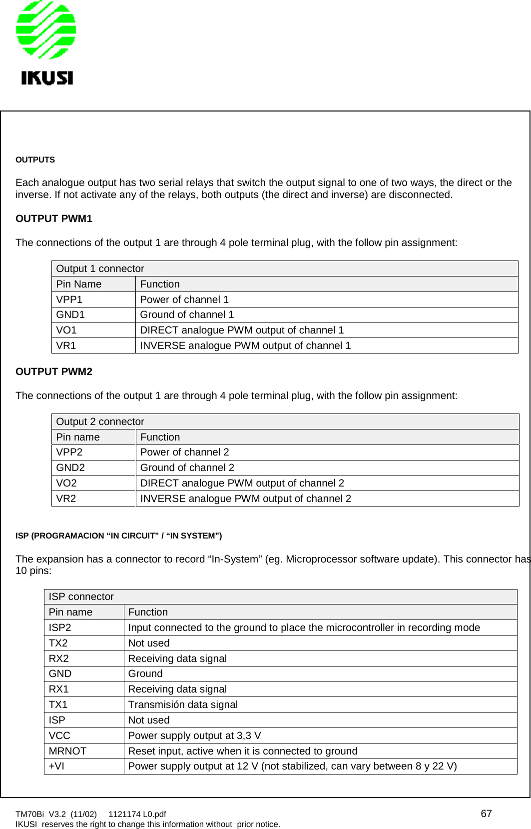 TM70Bi V3.2 (11/02) 1121174 L0.pdf 67IKUSI reserves the right to change this information without prior notice.OUTPUTSEach analogue output has two serial relays that switch the output signal to one of two ways, the direct or theinverse. If not activate any of the relays, both outputs (the direct and inverse) are disconnected.OUTPUT PWM1The connections of the output 1 are through 4 pole terminal plug, with the follow pin assignment:Output 1 connectorPin Name FunctionVPP1 Power of channel 1GND1 Ground of channel 1VO1 DIRECT analogue PWM output of channel 1VR1 INVERSE analogue PWM output of channel 1OUTPUT PWM2The connections of the output 1 are through 4 pole terminal plug, with the follow pin assignment:Output 2 connectorPin name FunctionVPP2 Power of channel 2GND2 Ground of channel 2VO2 DIRECT analogue PWM output of channel 2VR2 INVERSE analogue PWM output of channel 2ISP (PROGRAMACION “IN CIRCUIT” / “IN SYSTEM”)The expansion has a connector to record “In-System” (eg. Microprocessor software update). This connector has10 pins:ISP connectorPin name FunctionISP2 Input connected to the ground to place the microcontroller in recording modeTX2 Not usedRX2 Receiving data signalGND GroundRX1 Receiving data signalTX1 Transmisión data signalISP Not usedVCC Power supply output at 3,3 VMRNOT Reset input, active when it is connected to ground+VI Power supply output at 12 V (not stabilized, can vary between 8 y 22 V)