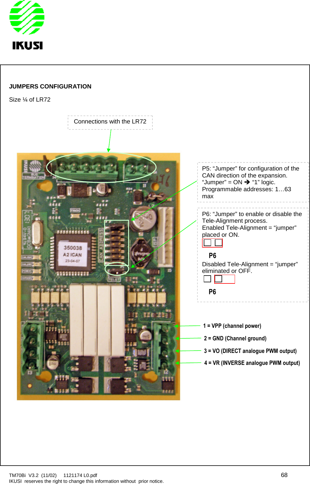 TM70Bi V3.2 (11/02) 1121174 L0.pdf 68IKUSI reserves the right to change this information without prior notice.JUMPERS CONFIGURATIONSize ¼ of LR72Connections with the LR72P5: “Jumper” for configuration of theCAN direction of the expansion.“Jumper” = ON “1” logic.Programmable addresses: 1…63maxP6: “Jumper” to enable or disable theTele-Alignment process.Enabled Tele-Alignment = “jumper”placed or ON.P6Disabled Tele-Alignment = “jumper”eliminated or OFF.P61 = VPP (channelpower)2 = GND (Channel ground)3 = VO (DIRECT analogue PWM output)4 = VR (INVERSE analogue PWM output)