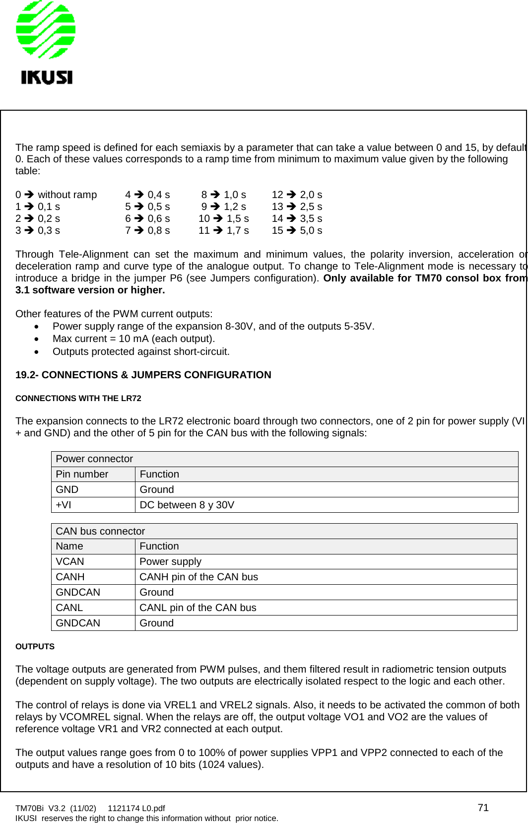 TM70Bi V3.2 (11/02) 1121174 L0.pdf 71IKUSI reserves the right to change this information without prior notice.The ramp speed is defined for each semiaxis by a parameter that can take a value between 0 and 15, by default0. Each of these values corresponds to a ramp time from minimum to maximum value given by the followingtable:0without ramp 4 0,4 s 8 1,0 s 12 2,0 s10,1 s 5 0,5 s 9 1,2 s 13 2,5 s20,2 s 6 0,6 s 10 1,5 s 14 3,5 s30,3 s 7 0,8 s 11 1,7 s 15 5,0 sThrough Tele-Alignment can set the maximum and minimum values, the polarity inversion, acceleration ordeceleration ramp and curve type of the analogue output. To change to Tele-Alignment mode is necessary tointroduce a bridge in the jumper P6 (see Jumpers configuration). Only available for TM70 consol box from3.1 software version or higher.Other features of the PWM current outputs:Power supply range of the expansion 8-30V, and of the outputs 5-35V.Max current = 10 mA (each output).Outputs protected against short-circuit.19.2- CONNECTIONS &amp; JUMPERS CONFIGURATIONCONNECTIONS WITH THE LR72The expansion connects to the LR72 electronic board through two connectors, one of 2 pin for power supply (VI+ and GND) and the other of 5 pin for the CAN bus with the following signals:Power connectorPin number FunctionGND Ground+VI DC between 8 y 30VCAN bus connectorName FunctionVCAN Power supplyCANH CANH pin of the CAN busGNDCAN GroundCANL CANL pin of the CAN busGNDCAN GroundOUTPUTSThe voltage outputs are generated from PWM pulses, and them filtered result in radiometric tension outputs(dependent on supply voltage). The two outputs are electrically isolated respect to the logic and each other.The control of relays is done via VREL1 and VREL2 signals. Also, it needs to be activated the common of bothrelays by VCOMREL signal. When the relays are off, the output voltage VO1 and VO2 are the values ofreference voltage VR1 and VR2 connected at each output.The output values range goes from 0 to 100% of power supplies VPP1 and VPP2 connected to each of theoutputs and have a resolution of 10 bits (1024 values).