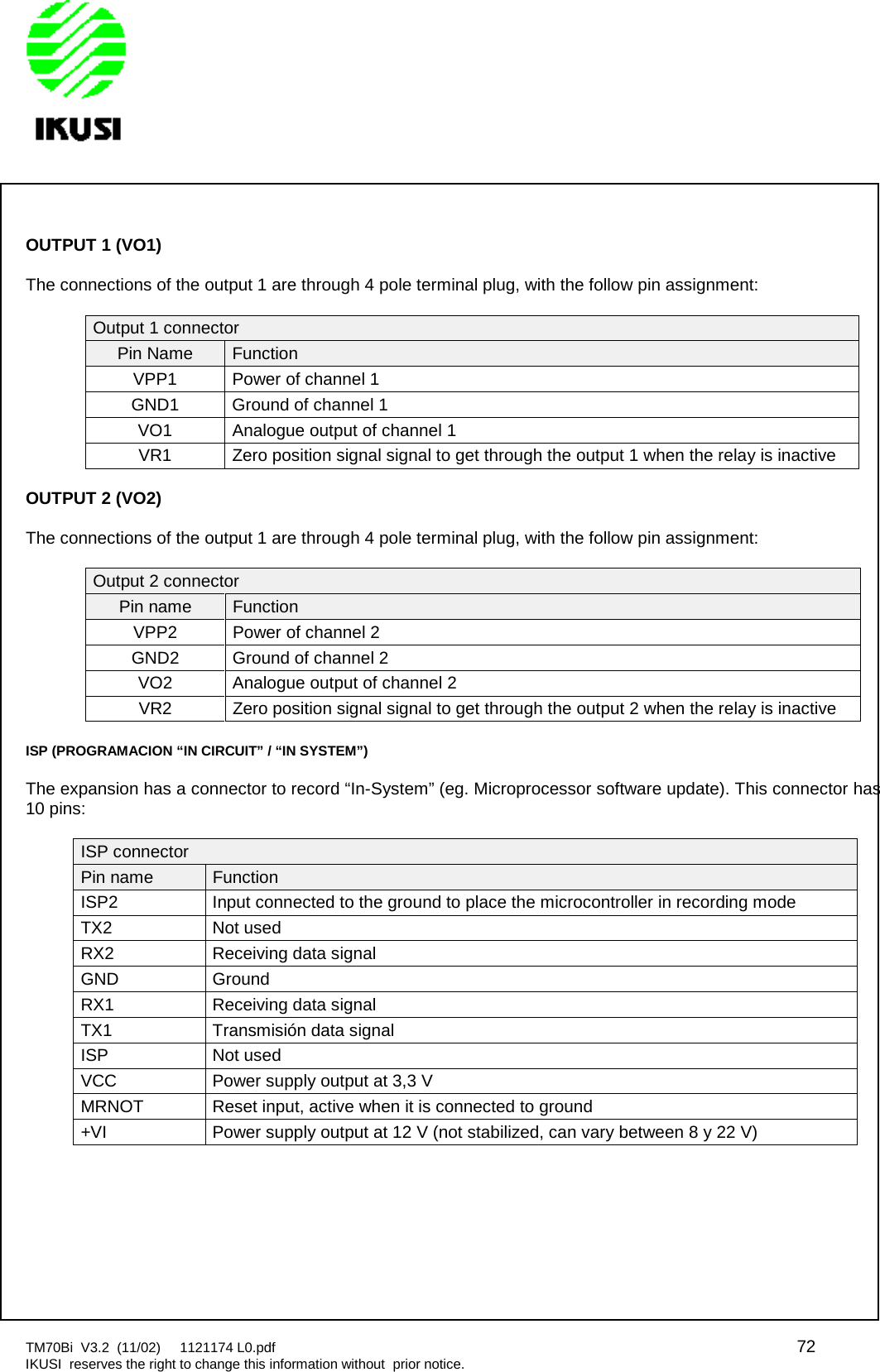 TM70Bi V3.2 (11/02) 1121174 L0.pdf 72IKUSI reserves the right to change this information without prior notice.OUTPUT 1 (VO1)The connections of the output 1 are through 4 pole terminal plug, with the follow pin assignment:Output 1 connectorPin Name FunctionVPP1 Power of channel 1GND1 Ground of channel 1VO1 Analogue output of channel 1VR1 Zero position signal signal to get through the output 1 when the relay is inactiveOUTPUT 2 (VO2)The connections of the output 1 are through 4 pole terminal plug, with the follow pin assignment:Output 2 connectorPin name FunctionVPP2 Power of channel 2GND2 Ground of channel 2VO2 Analogue output of channel 2VR2 Zero position signal signal to get through the output 2 when the relay is inactiveISP (PROGRAMACION “IN CIRCUIT” / “IN SYSTEM”)The expansion has a connector to record “In-System” (eg. Microprocessor software update). This connector has10 pins:ISP connectorPin name FunctionISP2 Input connected to the ground to place the microcontroller in recording modeTX2 Not usedRX2 Receiving data signalGND GroundRX1 Receiving data signalTX1 Transmisión data signalISP Not usedVCC Power supply output at 3,3 VMRNOT Reset input, active when it is connected to ground+VI Power supply output at 12 V (not stabilized, can vary between 8 y 22 V)