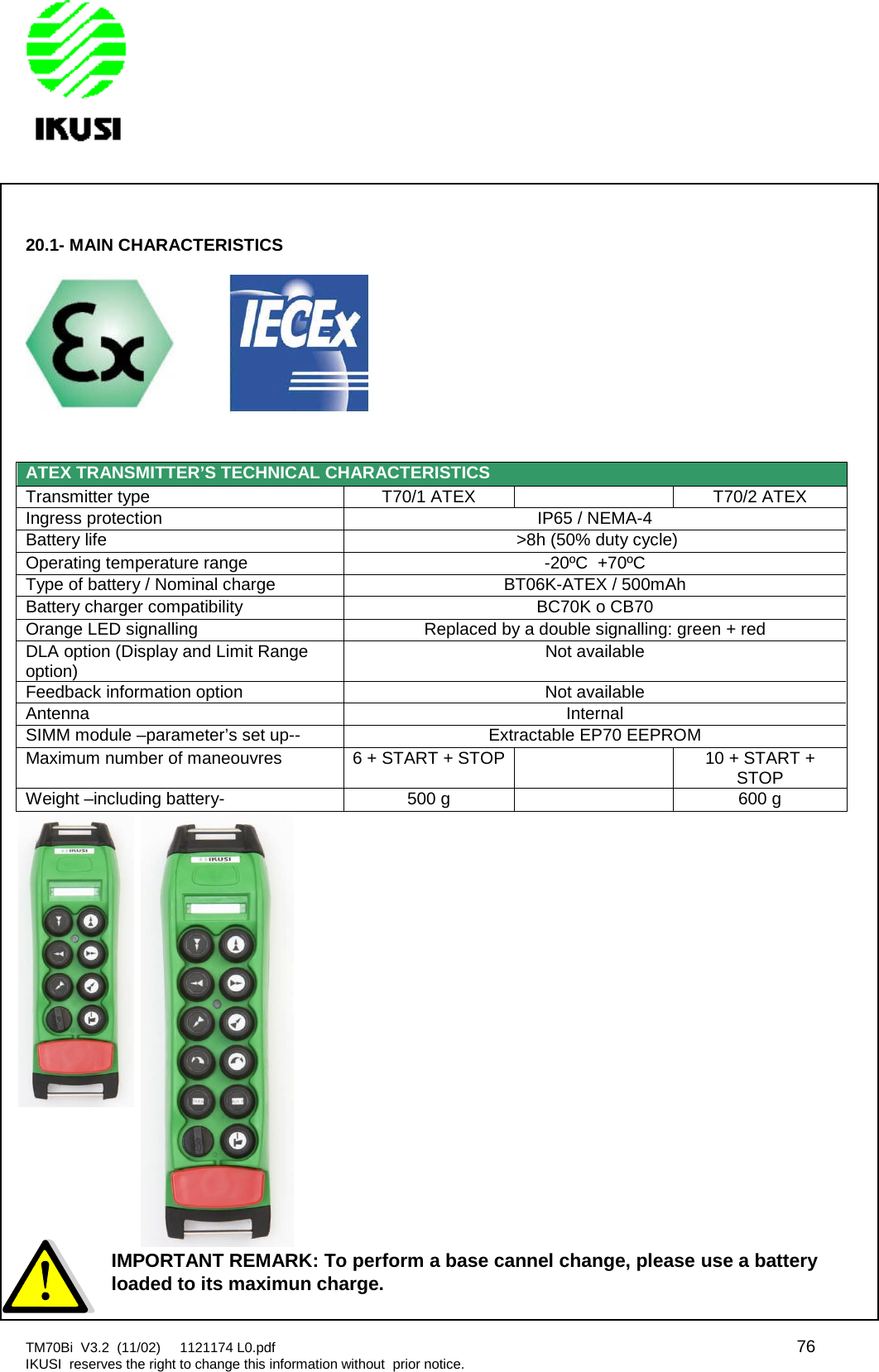 TM70Bi V3.2 (11/02) 1121174 L0.pdf 76IKUSI reserves the right to change this information without prior notice.20.1- MAIN CHARACTERISTICSATEX TRANSMITTER’S TECHNICAL CHARACTERISTICSTransmitter type T70/1 ATEX T70/2 ATEXIngress protection IP65 / NEMA-4Battery life &gt;8h (50% duty cycle)Operating temperature range -20ºC +70ºCType of battery / Nominal charge BT06K-ATEX / 500mAhBattery charger compatibility BC70K o CB70Orange LED signalling Replaced by a double signalling: green + redDLA option (Display and Limit Rangeoption) Not availableFeedback information option Not availableAntenna InternalSIMM module –parameter’s set up-- Extractable EP70 EEPROMMaximum number of maneouvres 6 + START + STOP 10 + START +STOPWeight –including battery- 500 g 600 gIMPORTANT REMARK:To perform a base cannel change, pleaseuse a batteryloaded to its maximun charge.