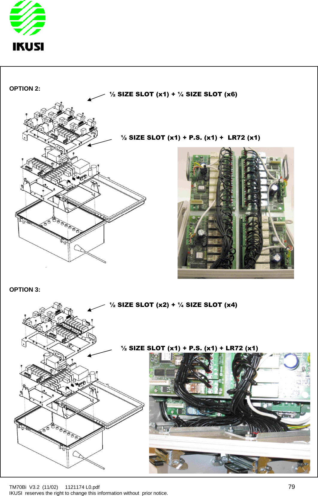 TM70Bi V3.2 (11/02) 1121174 L0.pdf 79IKUSI reserves the right to change this information without prior notice.OPTION 2:OPTION 3:½ SIZE SLOT (x1) + ¼ SIZE SLOT (x6)½ SIZE SLOT (x1) + P.S. (x1) + LR72 (x1)½ SIZE SLOT (x2) + ¼ SIZE SLOT (x4)½ SIZE SLOT (x1) + P.S. (x1) + LR72 (x1)