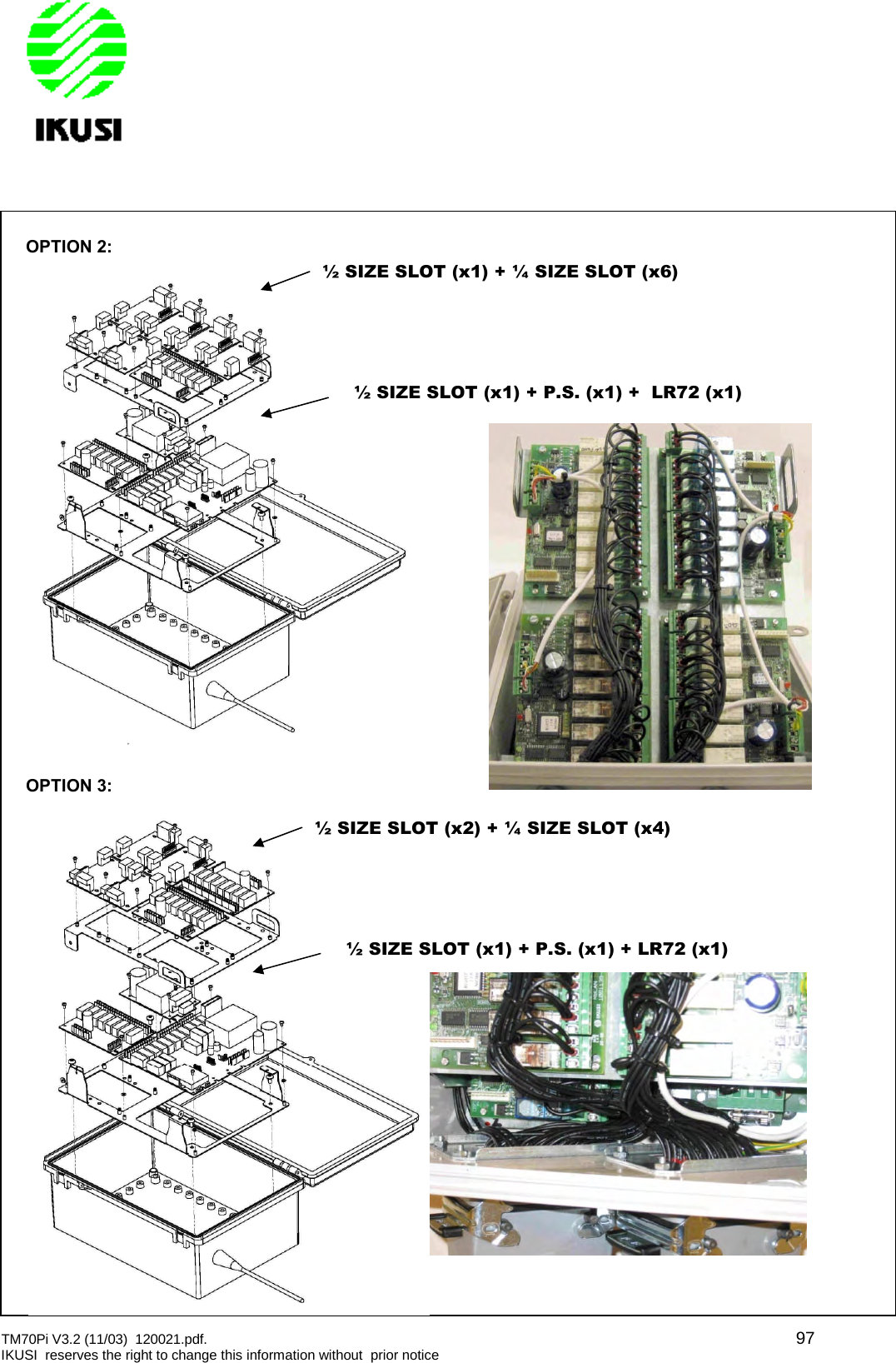 TM70Pi V3.2 (11/03) 120021.pdf. 97IKUSI reserves the right to change this information without prior noticeOPTION 2:OPTION 3:½ SIZE SLOT (x1) + ¼ SIZE SLOT (x6)½ SIZE SLOT (x1) + P.S. (x1) + LR72 (x1)½ SIZE SLOT (x2) + ¼ SIZE SLOT (x4)½ SIZE SLOT (x1) + P.S. (x1) + LR72 (x1)