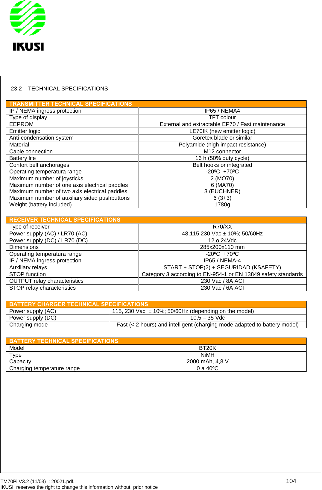 TM70Pi V3.2 (11/03) 120021.pdf. 104IKUSI reserves the right to change this information without prior notice23.2 – TECHNICAL SPECIFICATIONSTRANSMITTER TECHNICAL SPECIFICATIONSIP / NEMA ingress protection IP65 / NEMA4Type of display TFT colourEEPROM External and extractable EP70 / Fast maintenanceEmitter logic LE70IK (new emitter logic)Anti-condensation system Goretex blade or similarMaterial Polyamide (high impact resistance)Cable connection M12 connectorBattery life 16 h (50% duty cycle)Confort belt anchorages Belt hooks or integratedOperating temperatura range -20ºC +70ºCMaximum number of joysticksMaximum number of one axis electrical paddlesMaximum number of two axis electrical paddlesMaximum number of auxiliary sided pushbuttons2 (MO70)6 (MA70)3 (EUCHNER)6 (3+3)Weight (battery included) 1780gRECEIVER TECHNICAL SPECIFICATIONSType of receiver R70/XXPower supply (AC) / LR70 (AC) 48,115,230 Vac ± 10%; 50/60HzPower supply (DC) / LR70 (DC) 12 o 24VdcDimensions 285x200x110 mmOperating temperatura range -20ºC +70ºCIP / NEMA ingress protection IP65 / NEMA-4Auxiliary relays START + STOP(2) + SEGURIDAD (KSAFETY)STOP function Category 3 according to EN-954-1 or EN 13849 safety standardsOUTPUT relay characteristics 230 Vac / 8A ACISTOP relay characteristics 230 Vac / 6A ACIBATTERY CHARGER TECHNICAL SPECIFICATIONSPower supply (AC) 115, 230 Vac ± 10%; 50/60Hz (depending on the model)Power supply (DC) 10,5 – 35 VdcCharging mode Fast (&lt; 2 hours) and intelligent (charging mode adapted to battery model)BATTERY TECHNICAL SPECIFICATIONSModel BT20KType NiMHCapacity 2000 mAh, 4,8 VCharging temperature range 0 a 40ºC