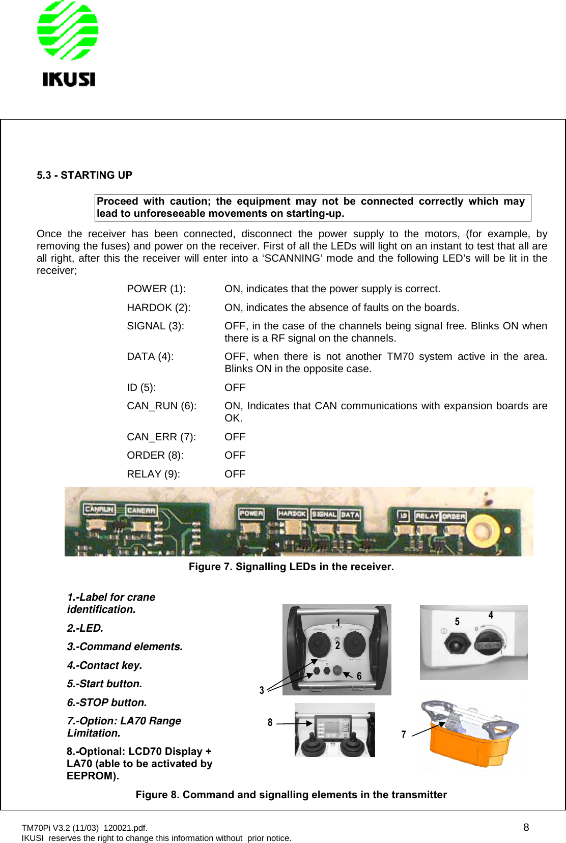 TM70Pi V3.2 (11/03) 120021.pdf. 8IKUSI reserves the right to change this information without prior notice.5.3 - STARTING UPProceed with caution; the equipment may not be connected correctly which maylead to unforeseeable movements on starting-up.Once the receiver has been connected, disconnect the power supply to the motors, (for example, byremoving the fuses) and power on the receiver. First of all the LEDs will light on an instant to test that all areall right, after this the receiver will enter into a ‘SCANNING’ mode and the following LED’s will be lit in thereceiver;POWER (1): ON, indicates that the power supply is correct.HARDOK (2): ON, indicates the absence of faults on the boards.SIGNAL (3): OFF, in the case of the channels being signal free. Blinks ON whenthere is a RF signal on the channels.DATA (4): OFF, when there is not another TM70 system active in the area.Blinks ON in the opposite case.ID (5): OFFCAN_RUN (6): ON, Indicates that CAN communications with expansion boards areOK.CAN_ERR (7): OFFORDER (8): OFFRELAY (9): OFFFigure 7. Signalling LEDs in the receiver.1.-Label for craneidentification.2.-LED.3.-Command elements.4.-Contact key.5.-Start button.6.-STOP button.7.-Option: LA70 RangeLimitation.8.-Optional: LCD70 Display +LA70 (able to be activated byEEPROM).Figure 8. Command and signalling elements in the transmitter12345786