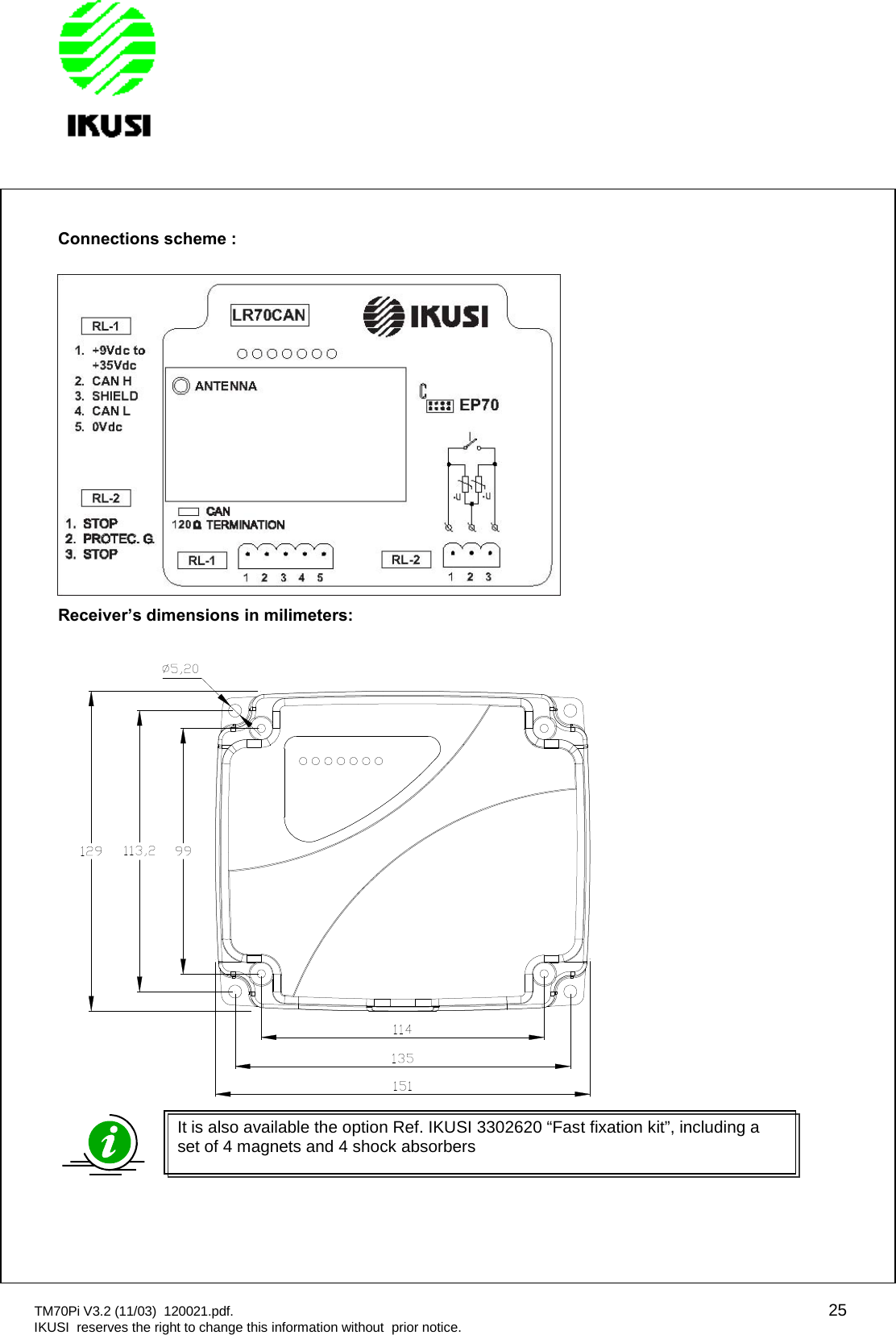 TM70Pi V3.2 (11/03) 120021.pdf. 25IKUSI reserves the right to change this information without prior notice.Connections scheme :Receiver’s dimensions in milimeters:It is also available the option Ref. IKUSI 3302620 “Fast fixation kit”, including aset of 4 magnets and 4 shock absorbers