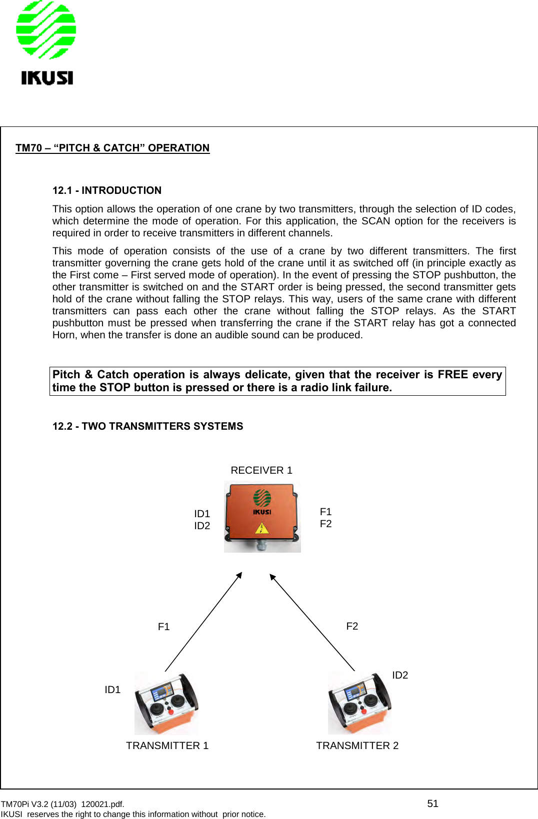 TM70Pi V3.2 (11/03) 120021.pdf. 51IKUSI reserves the right to change this information without prior notice.TM70 – “PITCH &amp; CATCH” OPERATION12.1 - INTRODUCTIONThis option allows the operation of one crane by two transmitters, through the selection of ID codes,which determine the mode of operation. For this application, the SCAN option for the receivers isrequired in order to receive transmitters in different channels.This mode of operation consists of the use of a crane by two different transmitters. The firsttransmitter governing the crane gets hold of the crane until it as switched off (in principle exactly asthe First come – First served mode of operation). In the event of pressing the STOP pushbutton, theother transmitter is switched on and the START order is being pressed, the second transmitter getshold of the crane without falling the STOP relays. This way, users of the same crane with differenttransmitters can pass each other the crane without falling the STOP relays. As the STARTpushbutton must be pressed when transferring the crane if the START relay has got a connectedHorn, when the transfer is done an audible sound can be produced.Pitch &amp; Catch operation is always delicate, given that the receiver is FREE everytime the STOP button is pressed or there is a radio link failure.12.2 - TWO TRANSMITTERS SYSTEMSF2F1F2ID1ID2F1ID1ID2TRANSMITTER 2TRANSMITTER 1RECEIVER 1