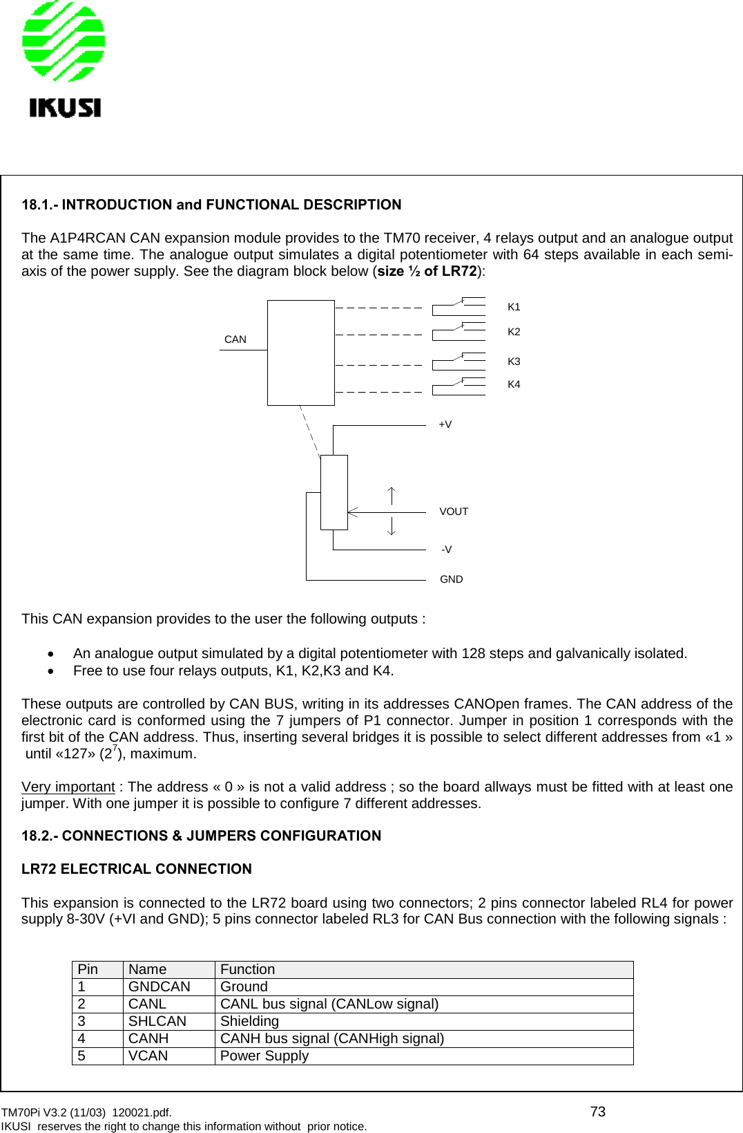 TM70Pi V3.2 (11/03) 120021.pdf. 73IKUSI reserves the right to change this information without prior notice.18.1.- INTRODUCTION and FUNCTIONAL DESCRIPTIONThe A1P4RCAN CAN expansion module provides to the TM70 receiver, 4 relays output and an analogue outputat the same time. The analogue output simulates a digital potentiometer with 64 steps available in each semi-axis of the power supply. See the diagram block below (size ½ of LR72):This CAN expansion provides to the user the following outputs :An analogue output simulated by a digital potentiometer with 128 steps and galvanically isolated.Free to use four relays outputs, K1, K2,K3 and K4.These outputs are controlled by CAN BUS, writing in its addresses CANOpen frames. The CAN address of theelectronic card is conformed using the 7 jumpers of P1 connector. Jumper in position 1 corresponds with thefirst bit of the CAN address. Thus, inserting several bridges it is possible to select different addresses from «1 »until «127» (27), maximum.Very important : The address « 0 » is not a valid address ; so the board allways must be fitted with at least onejumper. With one jumper it is possible to configure 7 different addresses.18.2.- CONNECTIONS &amp; JUMPERS CONFIGURATIONLR72 ELECTRICAL CONNECTIONThis expansion is connected to the LR72 board using two connectors; 2 pins connector labeled RL4 for powersupply 8-30V (+VI and GND); 5 pins connector labeled RL3 for CAN Bus connection with the following signals :Pin Name Function1 GNDCAN Ground2 CANL CANL bus signal (CANLow signal)3 SHLCAN Shielding4 CANH CANH bus signal (CANHigh signal)5 VCAN Power SupplyK1K2K3K4VOUTGND11k2+V-VCAN