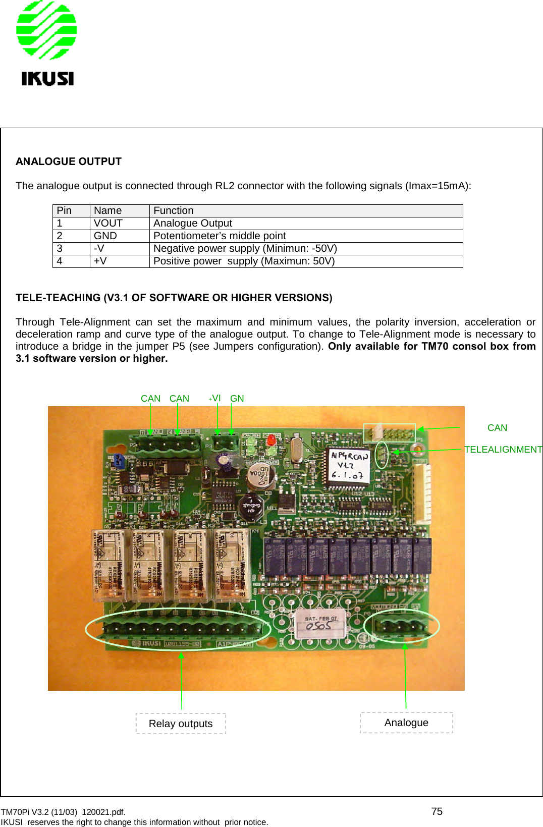 TM70Pi V3.2 (11/03) 120021.pdf. 75IKUSI reserves the right to change this information without prior notice.ANALOGUE OUTPUTThe analogue output is connected through RL2 connector with the following signals (Imax=15mA):Pin Name Function1 VOUT Analogue Output2 GND Potentiometer’s middle point3 -V Negative power supply (Minimun: -50V)4 +V Positive power supply (Maximun: 50V)TELE-TEACHING (V3.1 OF SOFTWARE OR HIGHER VERSIONS)Through Tele-Alignment can set the maximum and minimum values, the polarity inversion, acceleration ordeceleration ramp and curve type of the analogue output. To change to Tele-Alignment mode is necessary tointroduce a bridge in the jumper P5 (see Jumpers configuration). Only available for TM70 consol box from3.1 software version or higher.+VI GNCANTELEALIGNMENTRelay outputsAnalogueCANCAN