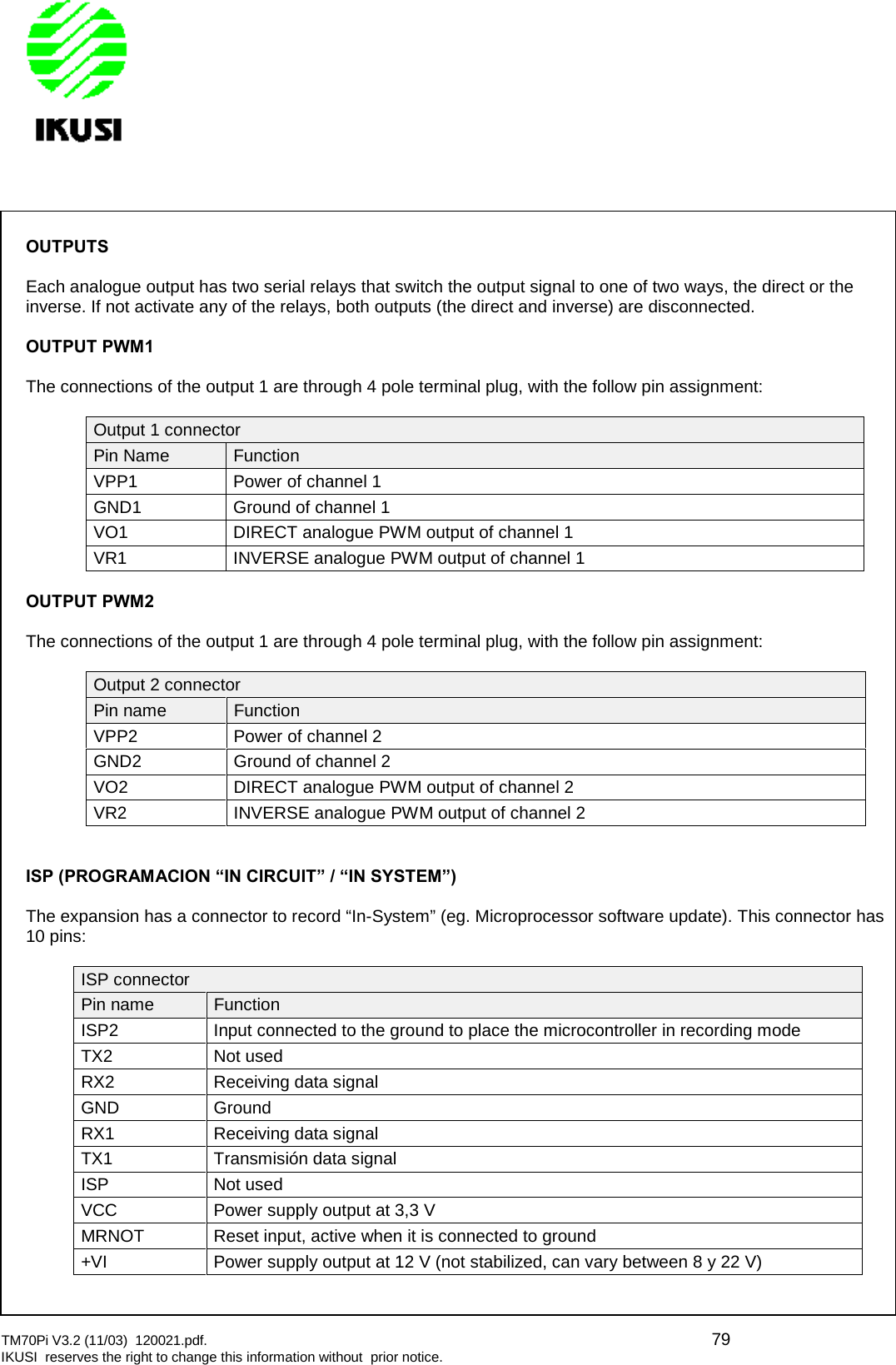 TM70Pi V3.2 (11/03) 120021.pdf. 79IKUSI reserves the right to change this information without prior notice.OUTPUTSEach analogue output has two serial relays that switch the output signal to one of two ways, the direct or theinverse. If not activate any of the relays, both outputs (the direct and inverse) are disconnected.OUTPUT PWM1The connections of the output 1 are through 4 pole terminal plug, with the follow pin assignment:Output 1 connectorPin Name FunctionVPP1 Power of channel 1GND1 Ground of channel 1VO1 DIRECT analogue PWM output of channel 1VR1 INVERSE analogue PWM output of channel 1OUTPUT PWM2The connections of the output 1 are through 4 pole terminal plug, with the follow pin assignment:Output 2 connectorPin name FunctionVPP2 Power of channel 2GND2 Ground of channel 2VO2 DIRECT analogue PWM output of channel 2VR2 INVERSE analogue PWM output of channel 2ISP (PROGRAMACION “IN CIRCUIT” / “IN SYSTEM”)The expansion has a connector to record “In-System” (eg. Microprocessor software update). This connector has10 pins:ISP connectorPin name FunctionISP2 Input connected to the ground to place the microcontroller in recording modeTX2 Not usedRX2 Receiving data signalGND GroundRX1 Receiving data signalTX1 Transmisión data signalISP Not usedVCC Power supply output at 3,3 VMRNOT Reset input, active when it is connected to ground+VI Power supply output at 12 V (not stabilized, can vary between 8 y 22 V)