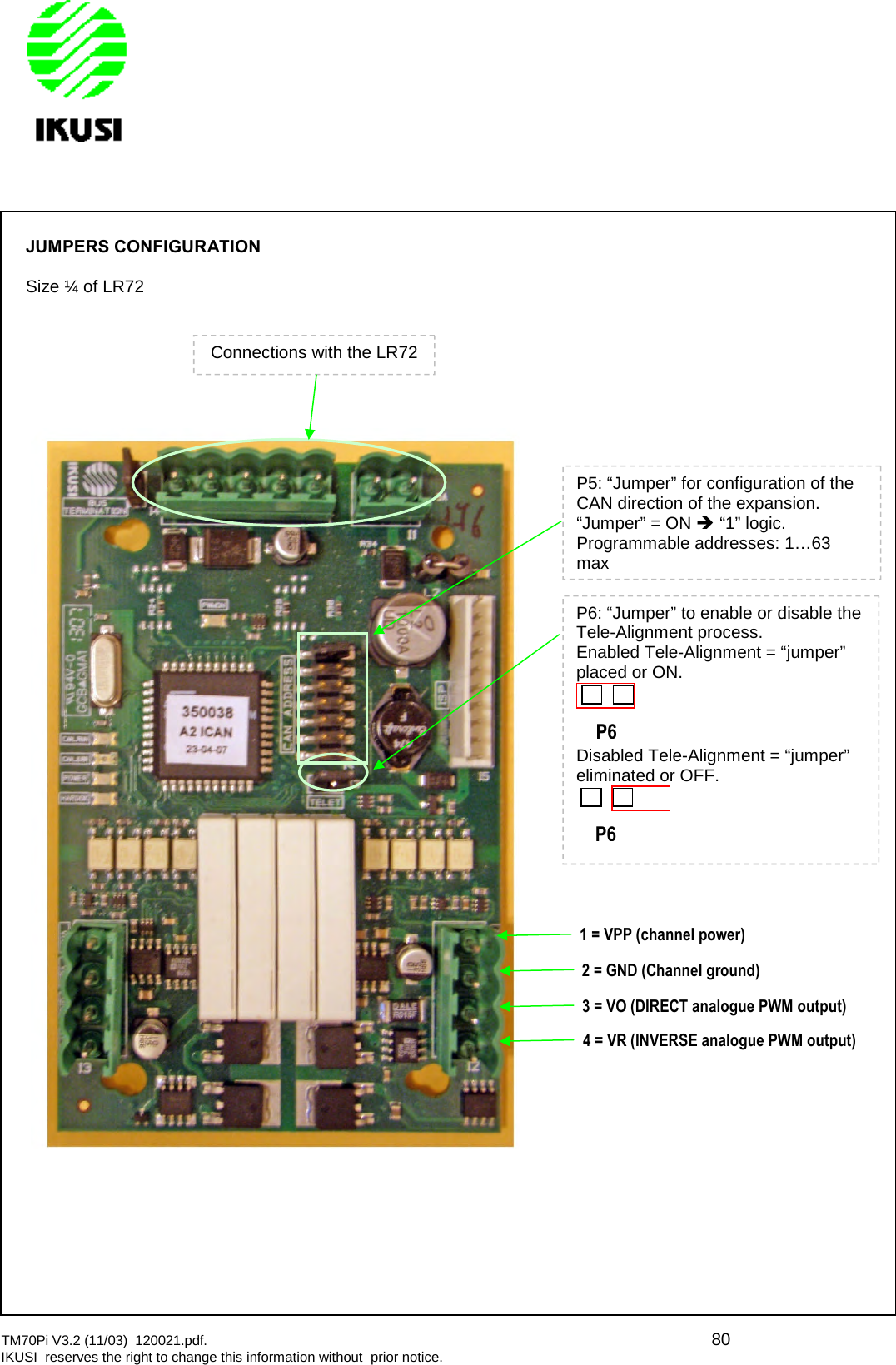 TM70Pi V3.2 (11/03) 120021.pdf. 80IKUSI reserves the right to change this information without prior notice.JUMPERS CONFIGURATIONSize ¼ of LR72Connections with the LR72P5: “Jumper” for configuration of theCAN direction of the expansion.“Jumper” = ON “1” logic.Programmable addresses: 1…63maxP6: “Jumper” to enable or disable theTele-Alignment process.Enabled Tele-Alignment = “jumper”placed or ON.P6Disabled Tele-Alignment = “jumper”eliminated or OFF.P61 = VPP (channelpower)2 = GND (Channel ground)3 = VO (DIRECT analogue PWM output)4 = VR (INVERSE analogue PWM output)