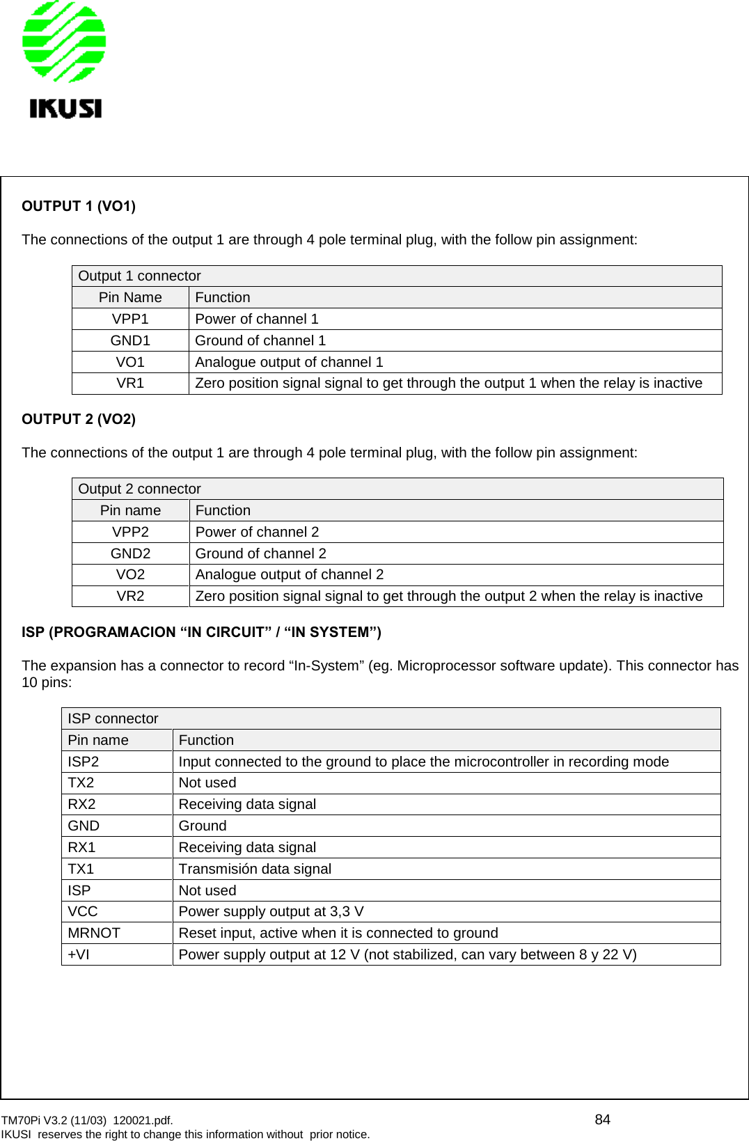 TM70Pi V3.2 (11/03) 120021.pdf. 84IKUSI reserves the right to change this information without prior notice.OUTPUT 1 (VO1)The connections of the output 1 are through 4 pole terminal plug, with the follow pin assignment:Output 1 connectorPin Name FunctionVPP1 Power of channel 1GND1 Ground of channel 1VO1 Analogue output of channel 1VR1 Zero position signal signal to get through the output 1 when the relay is inactiveOUTPUT 2 (VO2)The connections of the output 1 are through 4 pole terminal plug, with the follow pin assignment:Output 2 connectorPin name FunctionVPP2 Power of channel 2GND2 Ground of channel 2VO2 Analogue output of channel 2VR2 Zero position signal signal to get through the output 2 when the relay is inactiveISP (PROGRAMACION “IN CIRCUIT” / “IN SYSTEM”)The expansion has a connector to record “In-System” (eg. Microprocessor software update). This connector has10 pins:ISP connectorPin name FunctionISP2 Input connected to the ground to place the microcontroller in recording modeTX2 Not usedRX2 Receiving data signalGND GroundRX1 Receiving data signalTX1 Transmisión data signalISP Not usedVCC Power supply output at 3,3 VMRNOT Reset input, active when it is connected to ground+VI Power supply output at 12 V (not stabilized, can vary between 8 y 22 V)