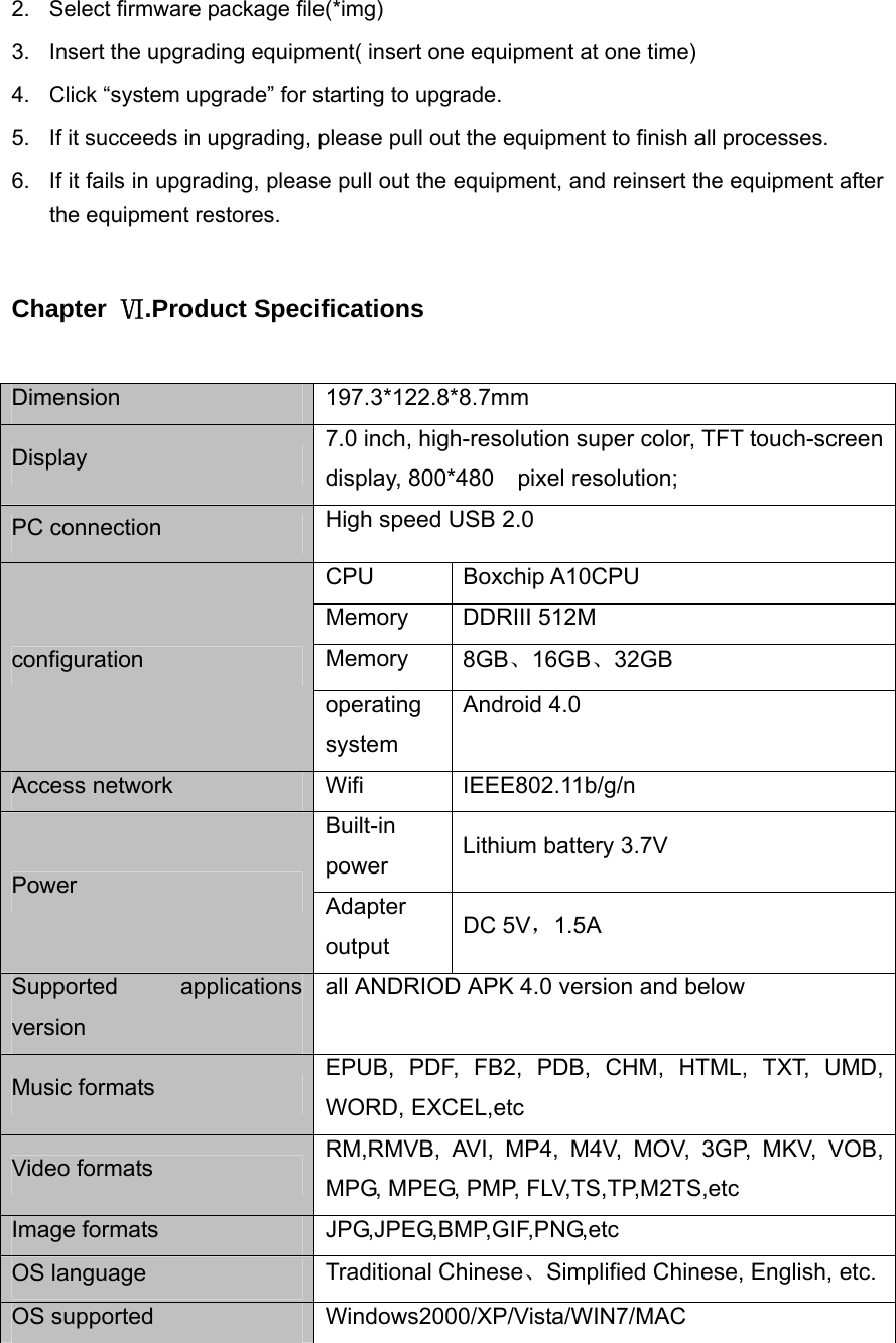 2.  Select firmware package file(*img) 3.  Insert the upgrading equipment( insert one equipment at one time) 4.  Click “system upgrade” for starting to upgrade. 5.  If it succeeds in upgrading, please pull out the equipment to finish all processes. 6.  If it fails in upgrading, please pull out the equipment, and reinsert the equipment after the equipment restores.  Chapter  Ⅵ.Product Specifications  Dimension 197.3*122.8*8.7mm Display  7.0 inch, high-resolution super color, TFT touch-screen display, 800*480  pixel resolution; PC connection  High speed USB 2.0   CPU Boxchip A10CPU Memory DDRIII 512M Memory  8GB、16GB、32GB configuration operating system Android 4.0 Access network  Wifi  IEEE802.11b/g/n Built-in power  Lithium battery 3.7V   Power  Adapter output  DC 5V，1.5A Supported applications version all ANDRIOD APK 4.0 version and below Music formats  EPUB, PDF, FB2, PDB, CHM, HTML, TXT, UMD, WORD, EXCEL,etc Video formats  RM,RMVB, AVI, MP4, M4V, MOV, 3GP, MKV, VOB, MPG, MPEG, PMP, FLV,TS,TP,M2TS,etc Image formats  JPG,JPEG,BMP,GIF,PNG,etc OS language  Traditional Chinese、Simplified Chinese, English, etc.OS supported  Windows2000/XP/Vista/WIN7/MAC   