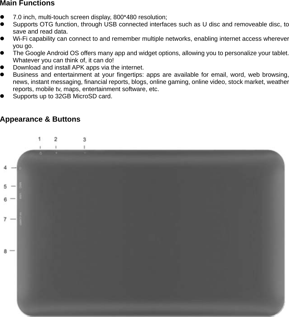 Main Functions  z  7.0 inch, multi-touch screen display, 800*480 resolution; z  Supports OTG function, through USB connected interfaces such as U disc and removeable disc, to save and read data. z  Wi-Fi capability can connect to and remember multiple networks, enabling internet access wherever you go. z  The Google Android OS offers many app and widget options, allowing you to personalize your tablet. Whatever you can think of, it can do! z  Download and install APK apps via the internet.   z  Business and entertainment at your fingertips: apps are available for email, word, web browsing, news, instant messaging, financial reports, blogs, online gaming, online video, stock market, weather reports, mobile tv, maps, entertainment software, etc. z  Supports up to 32GB MicroSD card.   Appearance &amp; Buttons   