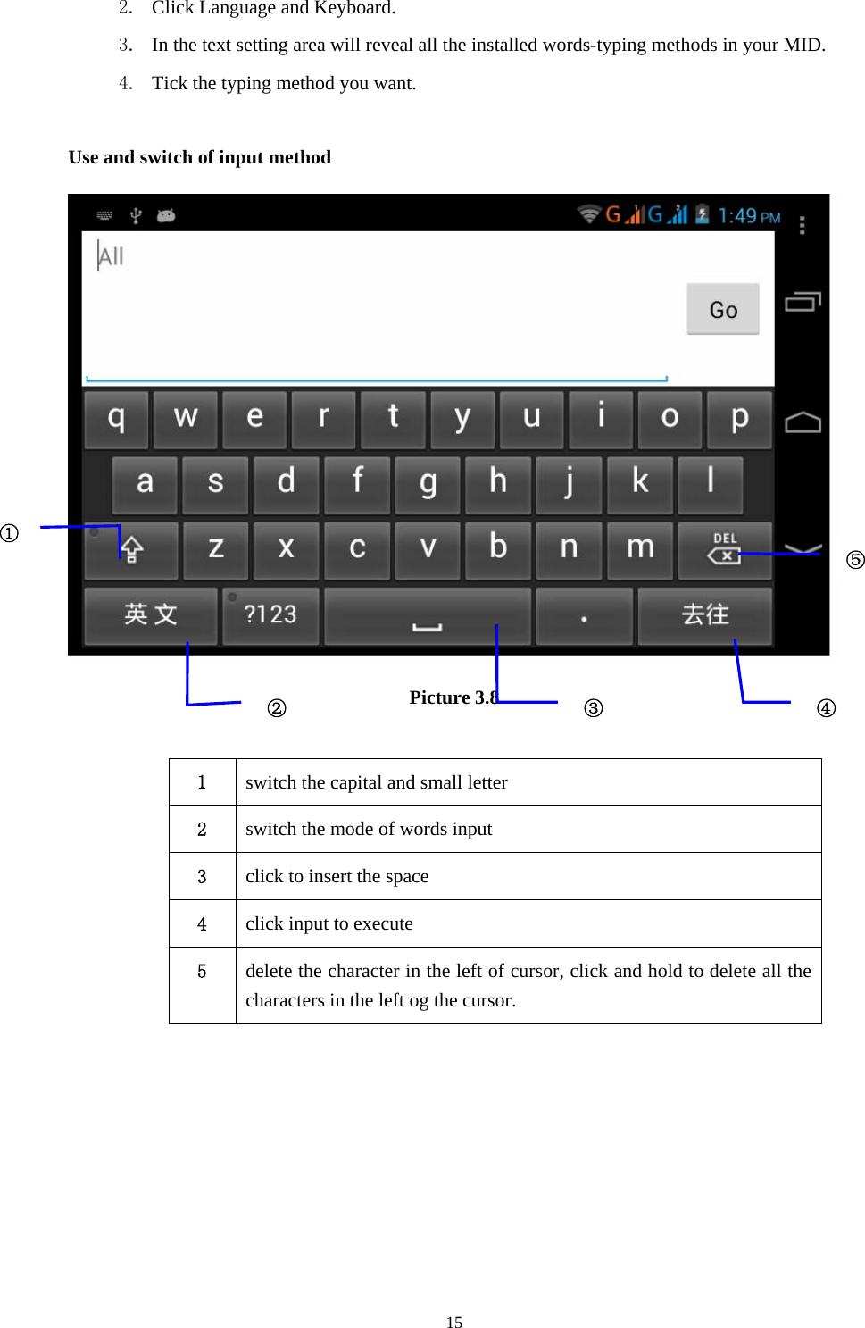    2. Click Language and Keyboard. 3. In the text setting area will reveal all the installed words-typing methods in your MID.   4. Tick the typing method you want.  Use and switch of input method  ①⑤④Picture 3.8 ② ③ 1  switch the capital and small letter   2  switch the mode of words input   3  click to insert the space 4  click input to execute 5  delete the character in the left of cursor, click and hold to delete all the characters in the left og the cursor.       15