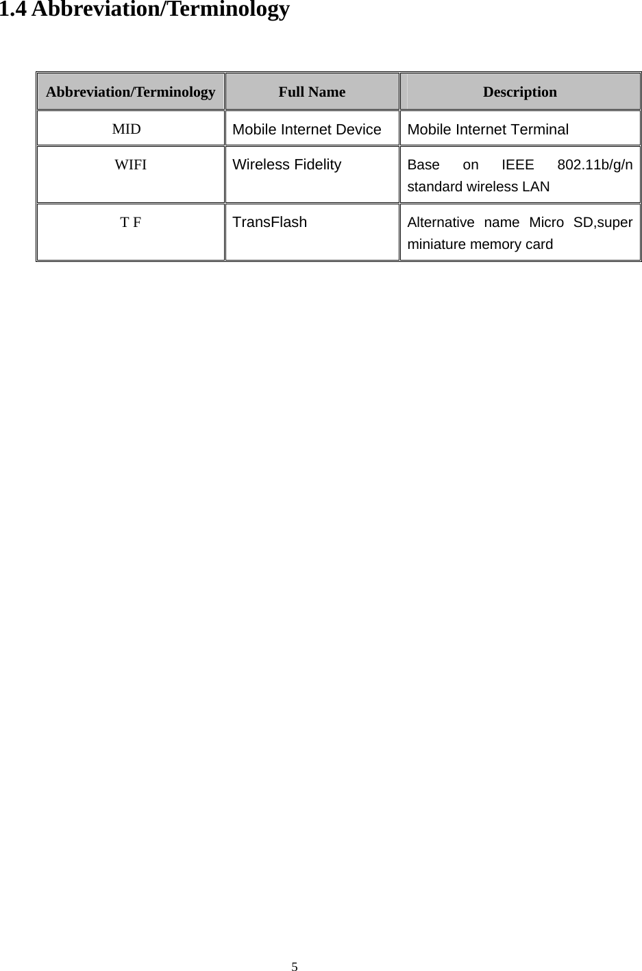     5 1.4 Abbreviation/Terminology  Abbreviation/Terminology  Full Name  Description MID  Mobile Internet Device Mobile Internet Terminal WIFI  Wireless Fidelity Base on IEEE 802.11b/g/n standard wireless LAN T F  TransFlash  Alternative name Micro SD,super miniature memory card       