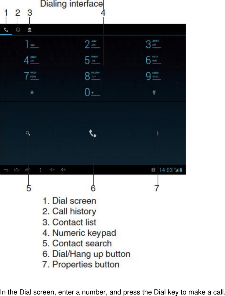   In the Dial screen, enter a number, and press the Dial key to make a call.      