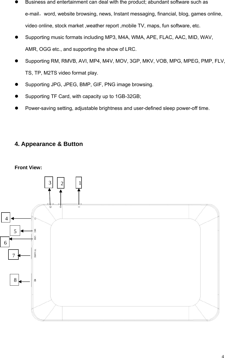   4z  Business and entertainment can deal with the product; abundant software such as e-mail，word, website browsing, news, Instant messaging, financial, blog, games online, video online, stock market ,weather report ,mobile TV, maps, fun software, etc. z  Supporting music formats including MP3, M4A, WMA, APE, FLAC, AAC, MID, WAV, AMR, OGG etc., and supporting the show of LRC. z  Supporting RM, RMVB, AVI, MP4, M4V, MOV, 3GP, MKV, VOB, MPG, MPEG, PMP, FLV, TS, TP, M2TS video format play.   z  Supporting JPG, JPEG, BMP, GIF, PNG image browsing. z  Supporting TF Card, with capacity up to 1GB-32GB; z  Power-saving setting, adjustable brightness and user-defined sleep power-off time.  4. Appearance &amp; Button Front View:     1 2 3 5 6 7 48 