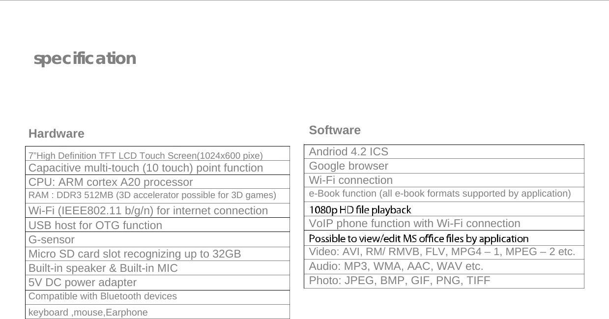  specification      Hardware  7”High Definition TFT LCD Touch Screen(1024x600 pixe) Capacitive multi-touch (10 touch) point function  CPU: ARM cortex A20 processor  RAM : DDR3 512MB (3D accelerator possible for 3D games)  Wi-Fi (IEEE802.11 b/g/n) for internet connection  USB host for OTG function  G-sensor  Micro SD card slot recognizing up to 32GB  Built-in speaker &amp; Built-in MIC  5V DC power adapter  Compatible with Bluetooth devices keyboard ,mouse,Earphone       Software  Andriod 4.2 ICS  Google browser  Wi-Fi connection  e-Book function (all e-book formats supported by application)  VoIP phone function with Wi-Fi connection  Video: AVI, RM/ RMVB, FLV, MPG4 – 1, MPEG – 2 etc.  Audio: MP3, WMA, AAC, WAV etc.  Photo: JPEG, BMP, GIF, PNG, TIFF 