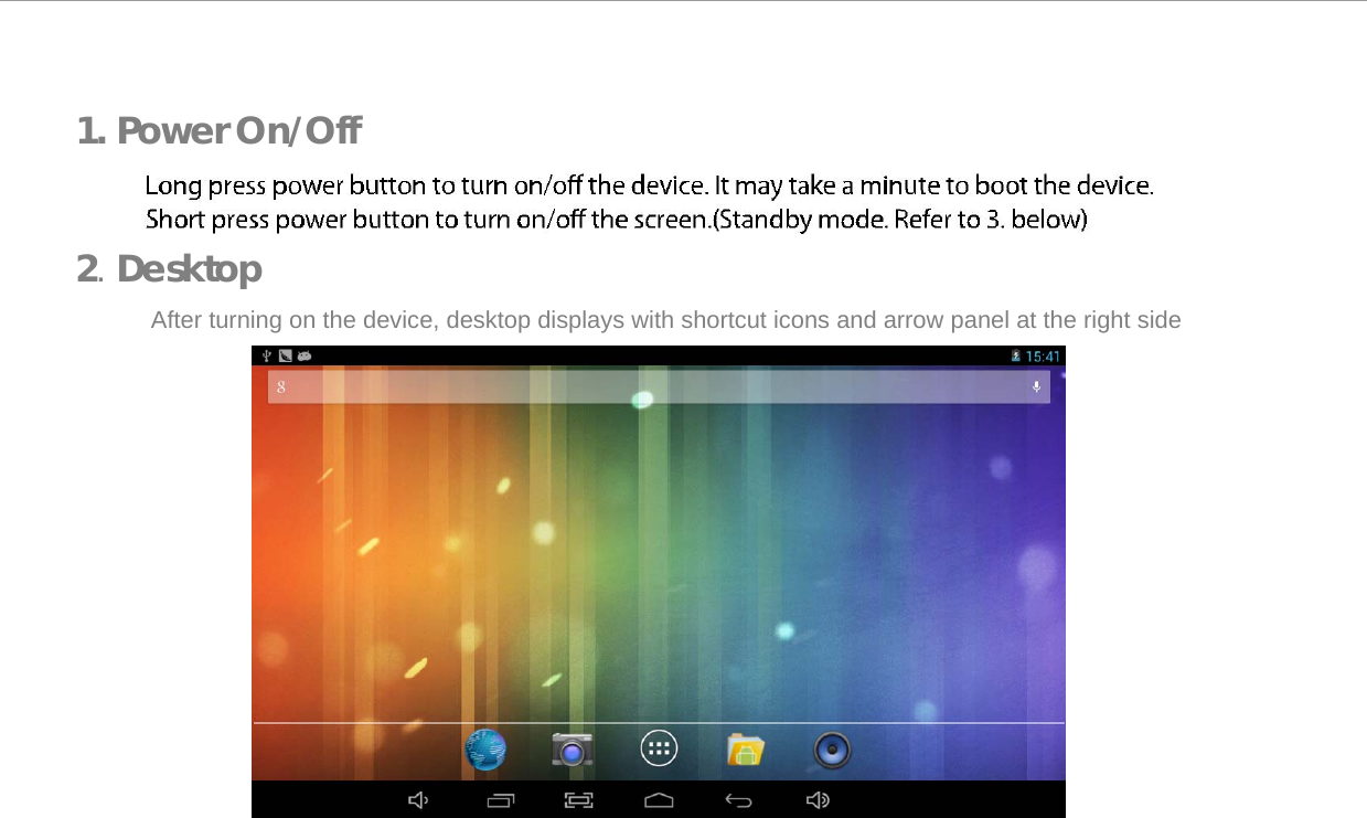  1. Power On/Off     2. Desktop  After turning on the device, desktop displays with shortcut icons and arrow panel at the right side   