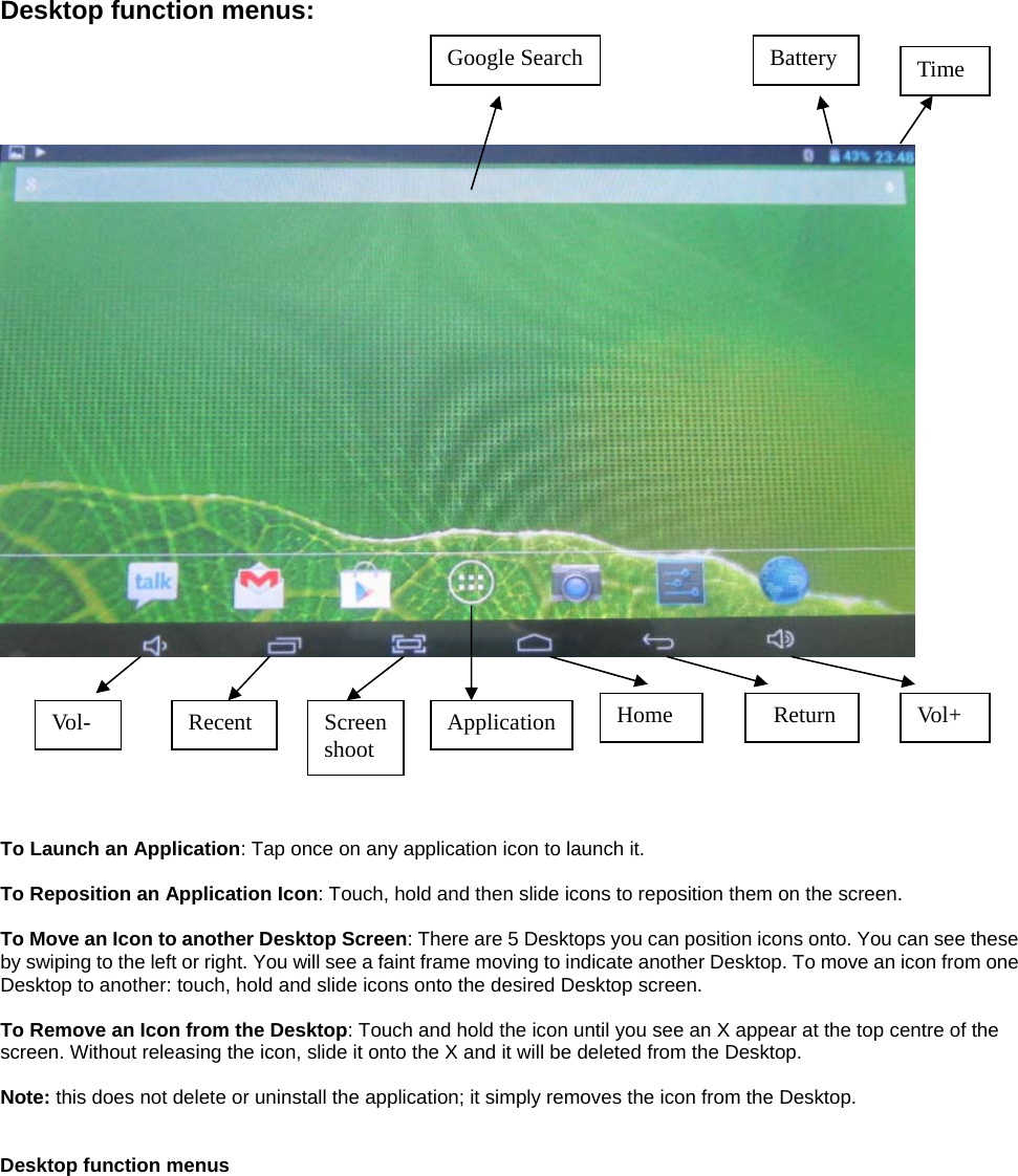 Desktop function menus:            To Launch an Application: Tap once on any application icon to launch it.  To Reposition an Application Icon: Touch, hold and then slide icons to reposition them on the screen.  To Move an Icon to another Desktop Screen: There are 5 Desktops you can position icons onto. You can see these by swiping to the left or right. You will see a faint frame moving to indicate another Desktop. To move an icon from one Desktop to another: touch, hold and slide icons onto the desired Desktop screen.  To Remove an Icon from the Desktop: Touch and hold the icon until you see an X appear at the top centre of the screen. Without releasing the icon, slide it onto the X and it will be deleted from the Desktop.  Note: this does not delete or uninstall the application; it simply removes the icon from the Desktop.   Desktop function menus  Vo l-   Recent  Screen shoot Home   Return  Vol + ApplicationBattery  Time Google Search