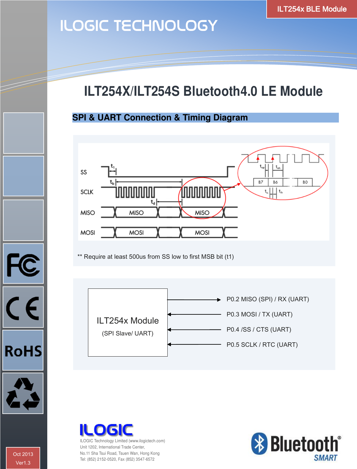                 ** Require at least 500us from SS low to first MSB bit (t1)  P0.2 MISO (SPI) / RX (UART)  P0.3 MOSI / TX (UART)  P0.4 /SS / CTS (UART)  P0.5 SCLK / RTC (UART)   ILT254X/ILT254S Bluetooth4.0 LE Module    ILOGIC Technology  ILOGIC Technology Limited (www.ilogictech.com) Unit 1202, International Trade Center, No.11 Sha Tsui Road, Tsuen Wan, Hong Kong Tel: (852) 2152-0520, Fax (852) 3547-6572 ILT254x BLE Module Oct 2013  Ver1.3   ILT254x Module (SPI Slave/ UART) SPI &amp; UART Connection &amp; Timing Diagram  