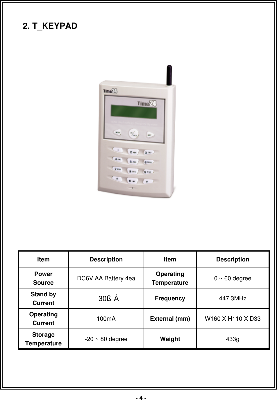 433gWeight-20 ~ 80 degreeStorageTemperatureW160 X H110 X D33External (mm)100mAOperating Current447.3MHzFrequency30&sect;&Euml;Stand byCurrent0 ~ 60 degreeOperatingTemperatureDC6V AA Battery 4eaPowerSourceDescriptionItemDescriptionItem-4 -2. T_KEYPAD