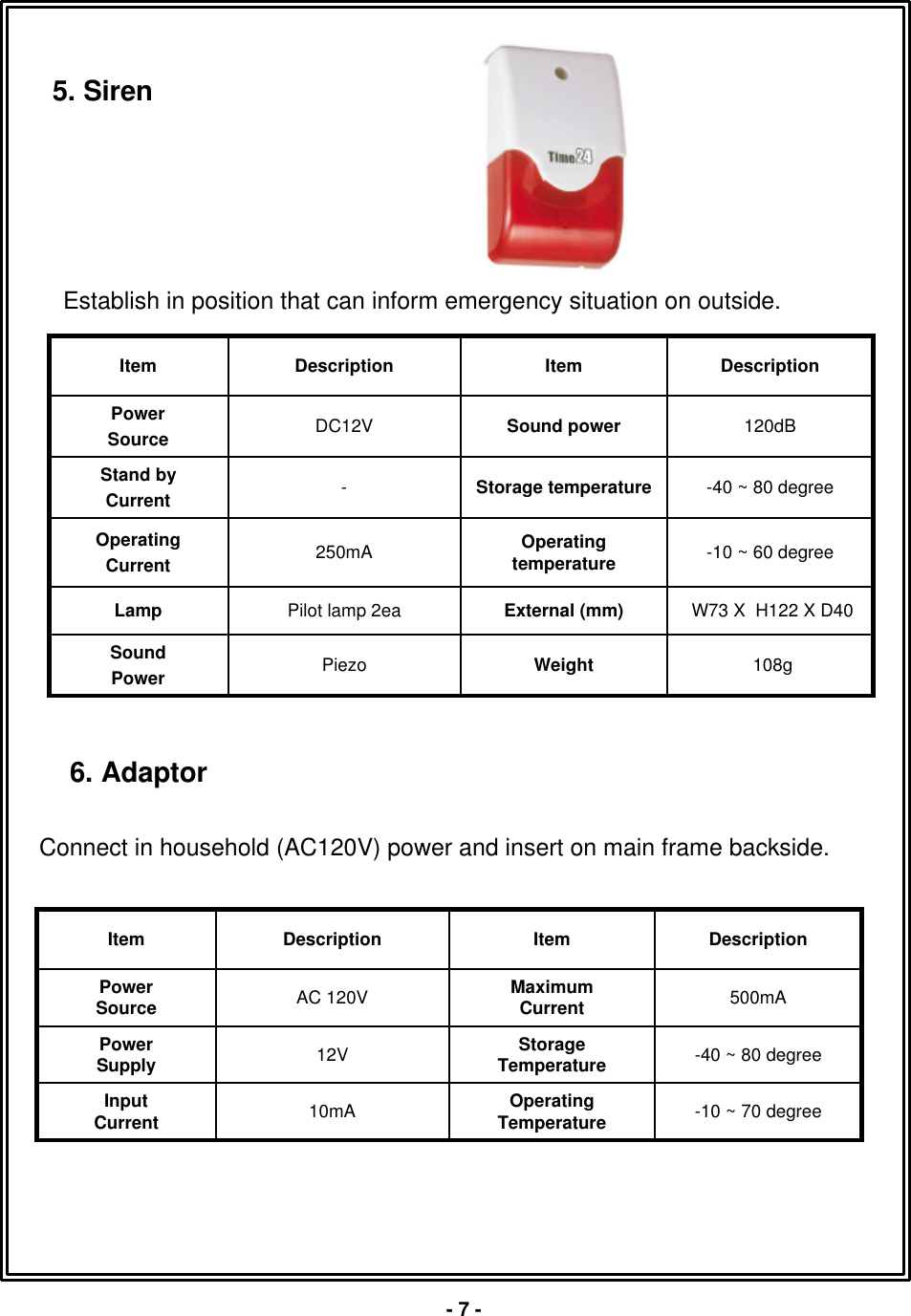 5. SirenEstablish in position that can inform emergency situation on outside.108gWeightPiezoSoundPowerW73 X  H122 X D40External (mm)Pilot lamp 2eaLamp-10 ~ 60 degreeOperating temperature250mAOperatingCurrent-40 ~ 80 degreeStorage temperature-Stand byCurrent120dBSound powerDC12VPower SourceDescriptionItemDescriptionItem-7 --10 ~ 70 degreeOperatingTemperature10mAInputCurrent-40 ~ 80 degreeStorageTemperature12VPowerSupply500mAMaximumCurrentAC 120VPowerSourceDescriptionItemDescriptionItemConnect in household (AC120V) power and insert on main frame backside.6. Adaptor