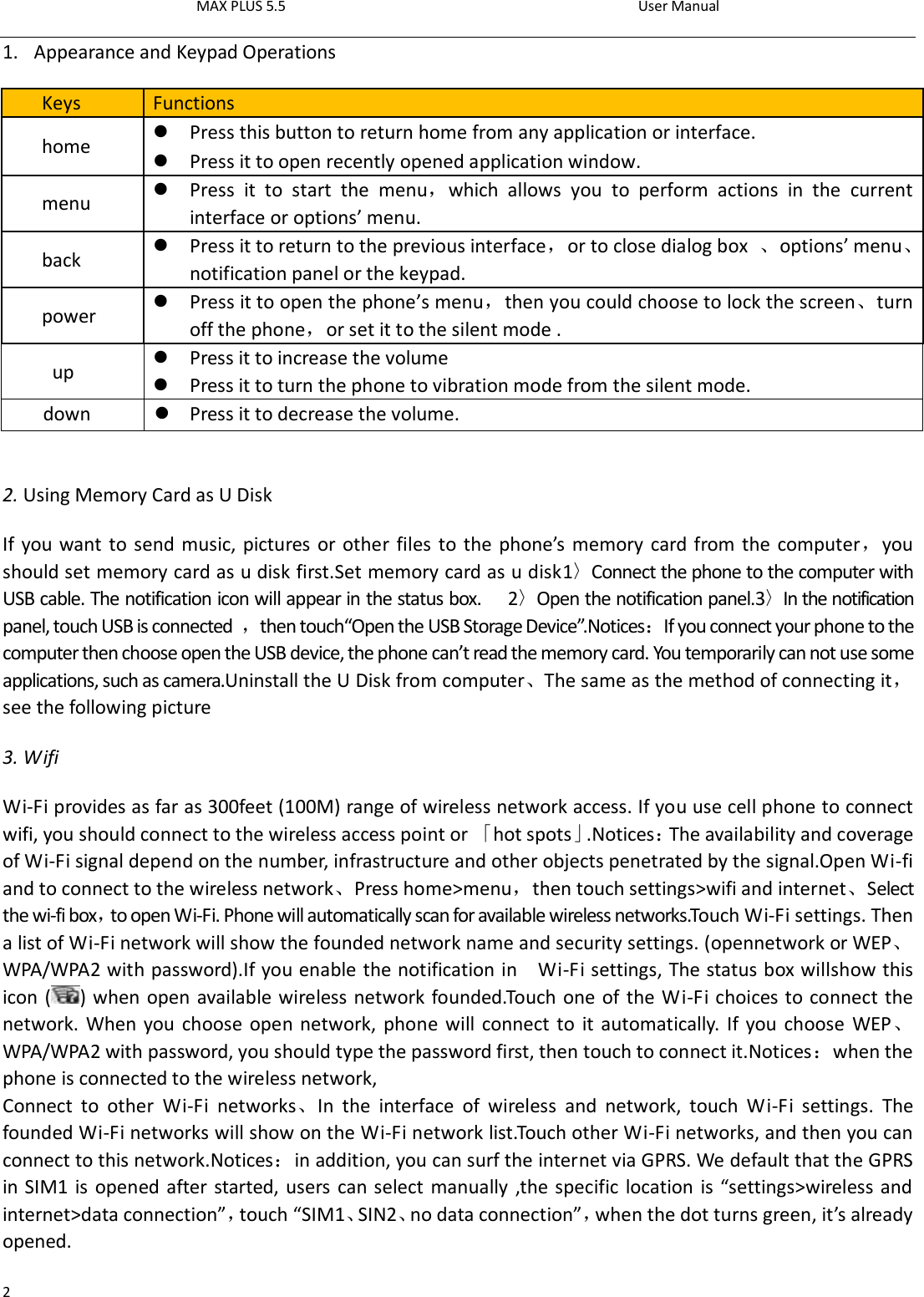 MAX PLUS 5.5                                                                                          User Manual  2 1. Appearance and Keypad Operations Keys Functions home  Press this button to return home from any application or interface.  Press it to open recently opened application window. menu  Press  it  to  start  the  menu，which  allows  you  to  perform  actions  in  the  current interface or options’ menu. back  Press it to return to the previous interface，or to close dialog box  、options’ menu、notification panel or the keypad. power  Press it to open the phone’s menu，then you could choose to lock the screen、turn off the phone，or set it to the silent mode . up  Press it to increase the volume  Press it to turn the phone to vibration mode from the silent mode. down  Press it to decrease the volume.  2. Using Memory Card as U Disk If you want to send music, pictures or other files  to the phone’s memory card from the computer，you should set memory card as u disk first.Set memory card as u disk1〉Connect the phone to the computer with USB cable. The notification icon will appear in the status box.      2〉Open the notification panel.3〉In the notification panel, touch USB is connected  ，then touch“Open the USB Storage Device”.Notices：If you connect your phone to the computer then choose open the USB device, the phone can’t read the memory card. You temporarily can not use some applications, such as camera.Uninstall the U Disk from computer、The same as the method of connecting it，see the following picture 3. Wifi Wi-Fi provides as far as 300feet (100M) range of wireless network access. If you use cell phone to connect wifi, you should connect to the wireless access point or 「hot spots」.Notices：The availability and coverage of Wi-Fi signal depend on the number, infrastructure and other objects penetrated by the signal.Open Wi-fi and to connect to the wireless network、Press home&gt;menu，then touch settings&gt;wifi and internet、Select the wi-fi box，to open Wi-Fi. Phone will automatically scan for available wireless networks.Touch Wi-Fi settings. Then a list of Wi-Fi network will show the founded network name and security settings. (opennetwork or WEP、WPA/WPA2 with password).If you enable the notification in    Wi-Fi settings, The status box willshow this icon ( ) when open available wireless network founded.Touch one of the Wi-Fi choices to connect the network. When you choose open network, phone will connect to  it automatically. If you choose  WEP、WPA/WPA2 with password, you should type the password first, then touch to connect it.Notices：when the phone is connected to the wireless network, Connect  to  other  Wi-Fi  networks、In  the  interface  of  wireless  and  network,  touch  Wi-Fi  settings.  The founded Wi-Fi networks will show on the Wi-Fi network list.Touch other Wi-Fi networks, and then you can connect to this network.Notices：in addition, you can surf the internet via GPRS. We default that the GPRS in SIM1 is opened after started, users can select manually ,the specific location is “settings&gt;wireless and internet&gt;data connection”，touch “SIM1、SIN2、no data connection”，when the dot turns green, it’s already opened. 