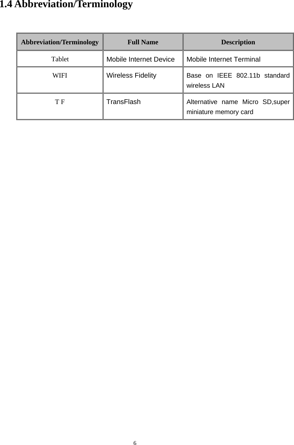     6 1.4 Abbreviation/Terminology  Abbreviation/Terminology  Full Name  Description Tablet  Mobile Internet Device Mobile Internet Terminal WIFI  Wireless Fidelity Base on IEEE 802.11b standard wireless LAN T F  TransFlash  Alternative name Micro SD,super miniature memory card       