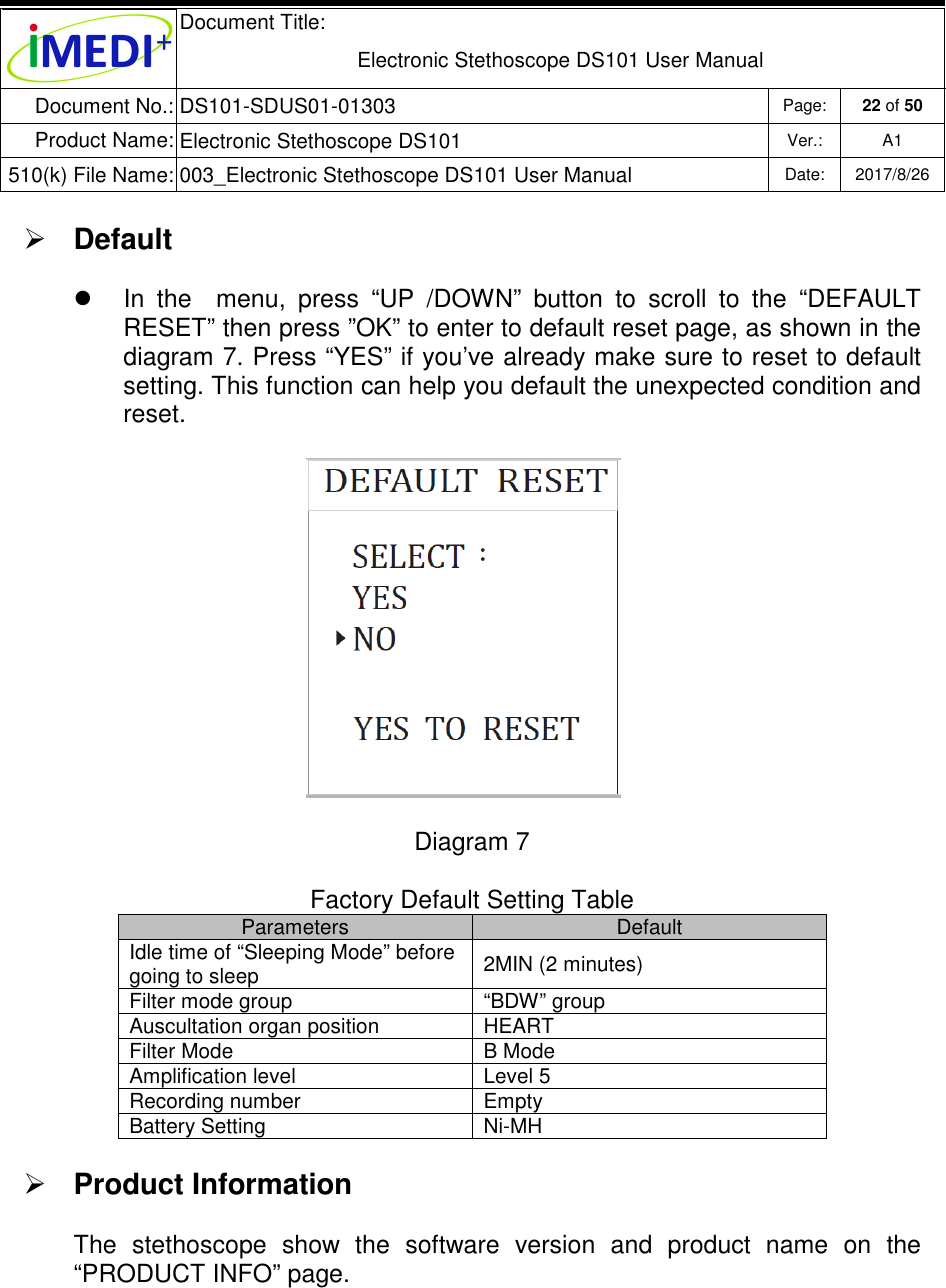  Document Title:  Electronic Stethoscope DS101 User Manual Document No.: DS101-SDUS01-01303 Page: 22 of 50 Product Name: Electronic Stethoscope DS101 Ver.: A1 510(k) File Name: 003_Electronic Stethoscope DS101 User Manual  Date: 2017/8/26    Default    In  the    menu,  press  “UP  /DOWN”  button  to  scroll  to  the  “DEFAULT RESET” then press ”OK” to enter to default reset page, as shown in the diagram 7. Press “YES” if you’ve already make sure to reset to default setting. This function can help you default the unexpected condition and reset.  Diagram 7  Factory Default Setting Table Parameters  Default Idle time of “Sleeping Mode” before going to sleep  2MIN (2 minutes) Filter mode group  “BDW” group Auscultation organ position  HEART Filter Mode  B Mode Amplification level  Level 5 Recording number  Empty  Battery Setting  Ni-MH  Product Information The  stethoscope  show  the  software  version  and  product  name  on  the “PRODUCT INFO” page.   