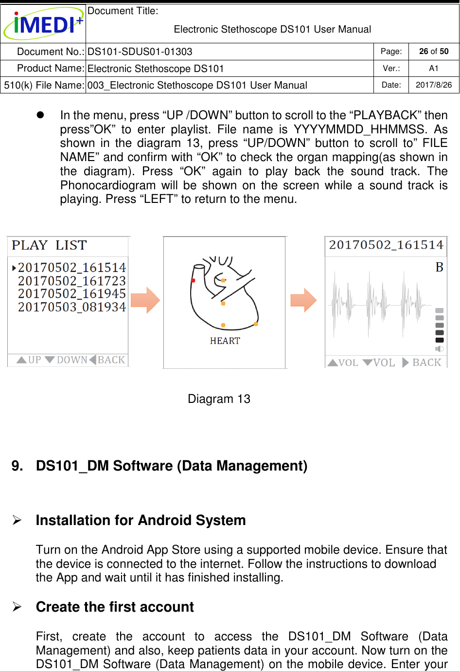  Document Title:  Electronic Stethoscope DS101 User Manual Document No.: DS101-SDUS01-01303 Page: 26 of 50 Product Name: Electronic Stethoscope DS101 Ver.: A1 510(k) File Name: 003_Electronic Stethoscope DS101 User Manual  Date: 2017/8/26     In the menu, press “UP /DOWN” button to scroll to the “PLAYBACK” then press”OK”  to  enter  playlist.  File  name  is  YYYYMMDD_HHMMSS.  As shown  in  the  diagram  13,  press  “UP/DOWN”  button  to  scroll  to”  FILE NAME” and confirm with “OK” to check the organ mapping(as shown in the  diagram).  Press  “OK”  again  to  play  back  the  sound  track.  The Phonocardiogram  will  be  shown  on  the  screen  while  a  sound  track  is playing. Press “LEFT” to return to the menu.  Diagram 13  9.  DS101_DM Software (Data Management)  Installation for Android System Turn on the Android App Store using a supported mobile device. Ensure that the device is connected to the internet. Follow the instructions to download the App and wait until it has finished installing.  Create the first account First,  create  the  account  to  access  the  DS101_DM  Software  (Data Management) and also, keep patients data in your account. Now turn on the DS101_DM Software (Data Management) on the mobile device. Enter your    