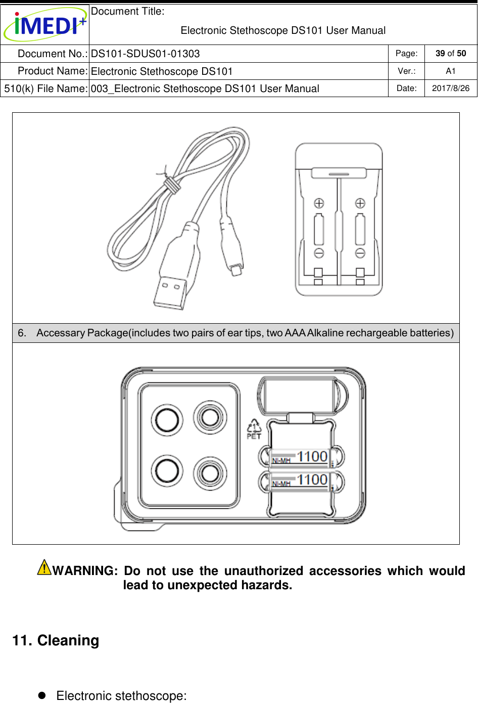  Document Title:  Electronic Stethoscope DS101 User Manual Document No.: DS101-SDUS01-01303 Page: 39 of 50 Product Name: Electronic Stethoscope DS101 Ver.: A1 510(k) File Name: 003_Electronic Stethoscope DS101 User Manual  Date: 2017/8/26    6.  Accessary Package(includes two pairs of ear tips, two AAA Alkaline rechargeable batteries)  WARNING:  Do  not  use  the  unauthorized  accessories  which  would lead to unexpected hazards.  11. Cleaning   Electronic stethoscope:  