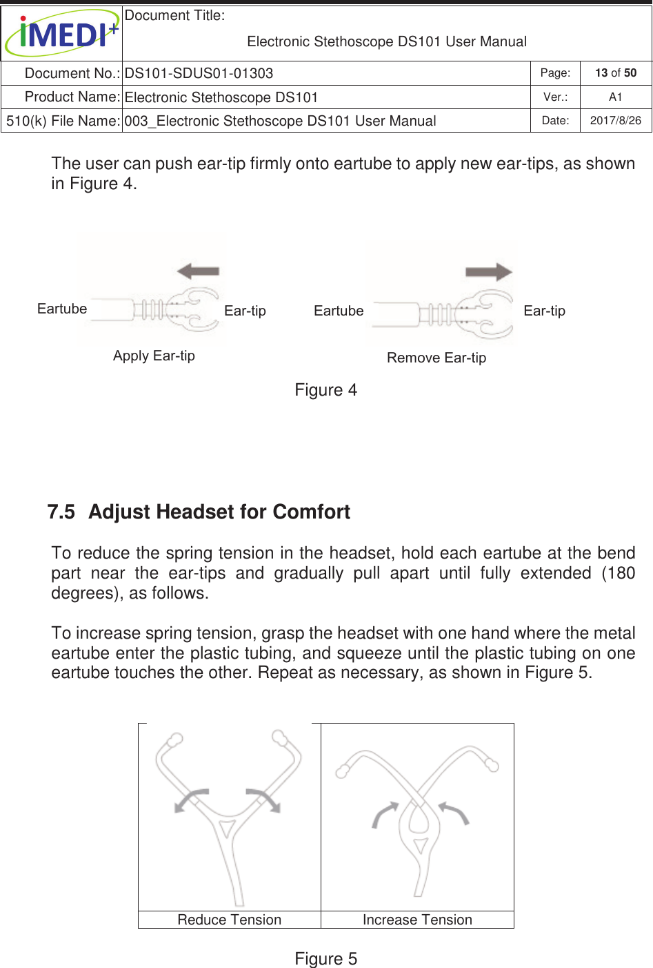 Document Title:  Electronic Stethoscope DS101 User Manual Document No.: DS101-SDUS01-01303 Page: 13 of 50 Product Name: Electronic Stethoscope DS101 Ver.: A1 510(k) File Name: 003_Electronic Stethoscope DS101 User Manual  Date: 2017/8/26 ġġThe user can push ear-tip firmly onto eartube to apply new ear-tips, as shown in Figure 4. Figure 4    7.5  Adjust Headset for Comfort To reduce the spring tension in the headset, hold each eartube at the bend part  near  the  ear-tips  and  gradually  pull  apart  until  fully  extended  (180 degrees), as follows. To increase spring tension, grasp the headset with one hand where the metal eartube enter the plastic tubing, and squeeze until the plastic tubing on one eartube touches the other. Repeat as necessary, as shown in Figure 5.    Reduce Tension Increase Tension  Figure 5  (DUWXEH (DUWLS (DUWLS (DUWXEH $SSO\(DUWLS 5HPRYH(DUWLS 
