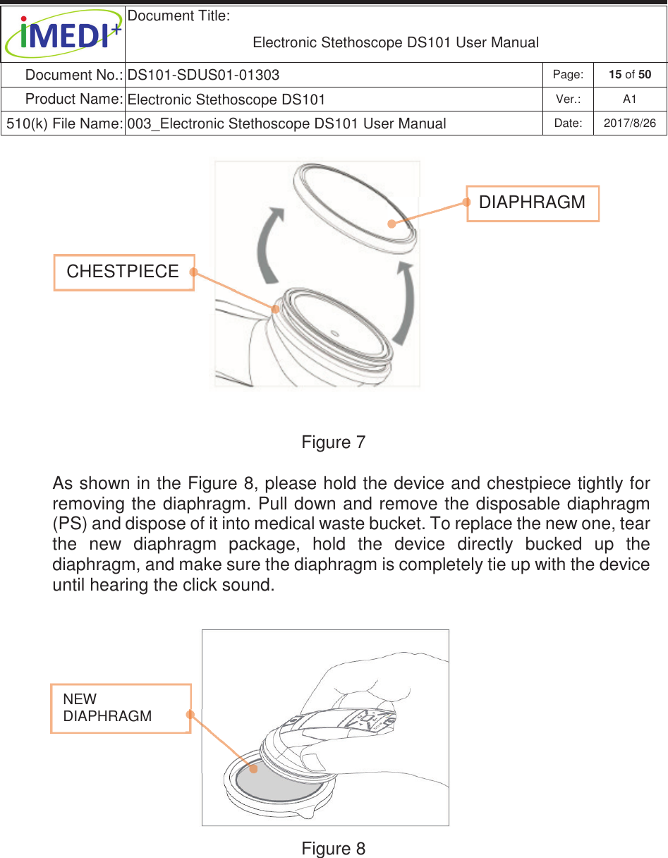  Document Title:  Electronic Stethoscope DS101 User Manual Document No.: DS101-SDUS01-01303 Page: 15 of 50 Product Name: Electronic Stethoscope DS101 Ver.: A1 510(k) File Name: 003_Electronic Stethoscope DS101 User Manual  Date: 2017/8/26 ġġġġġġġġġġġġġġFigure 7 As shown in the Figure 8, please hold the device and chestpiece tightly for removing the diaphragm. Pull down and  remove the disposable diaphragm (PS) and dispose of it into medical waste bucket. To replace the new one, tear the  new  diaphragm  package,  hold  the  device  directly  bucked  up  the diaphragm, and make sure the diaphragm is completely tie up with the device until hearing the click sound. Figure 8  DIAPHRAGMġCHESTPIECEġNEW DIAPHRAGMġ