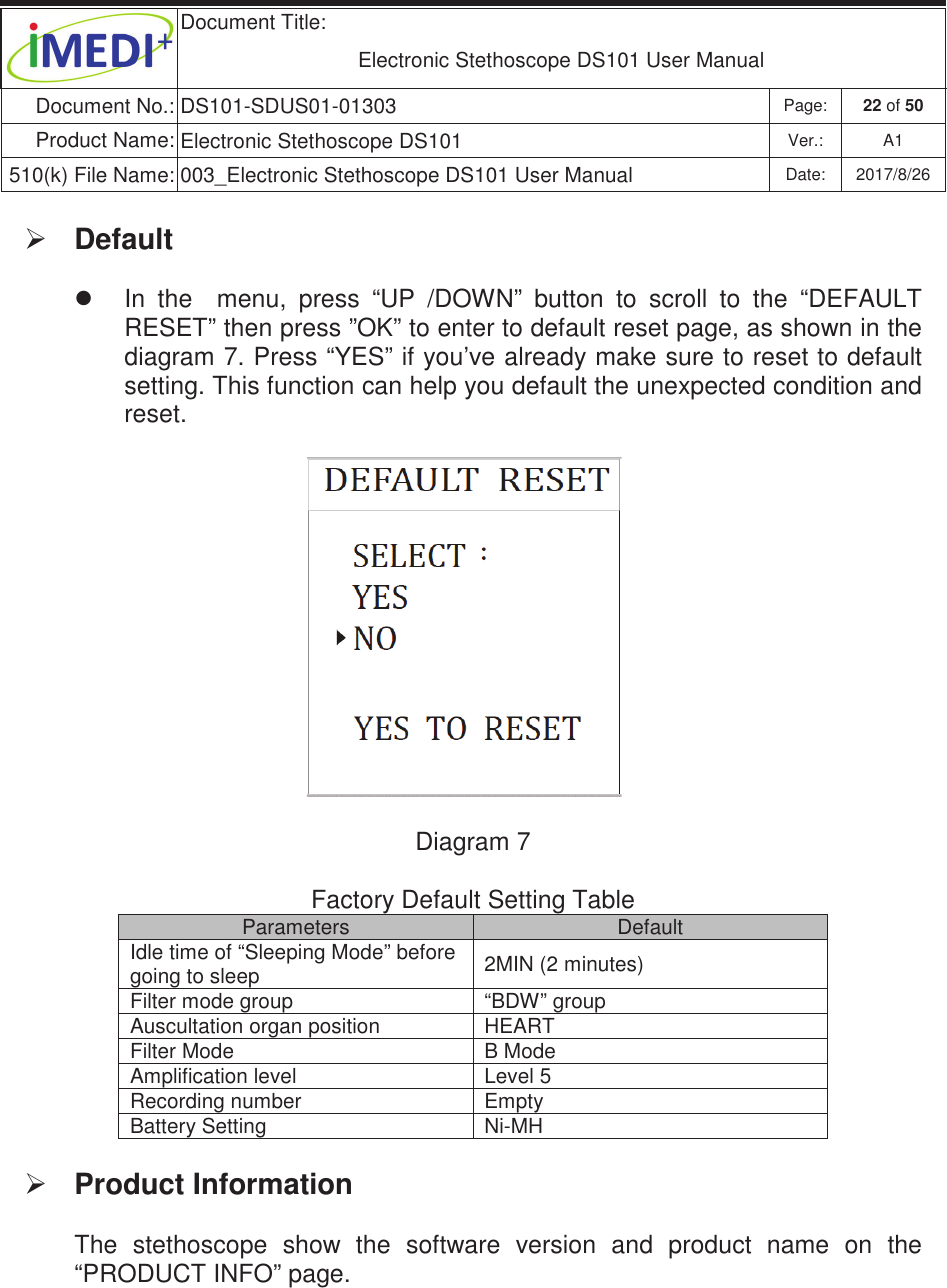  Document Title:  Electronic Stethoscope DS101 User Manual Document No.: DS101-SDUS01-01303 Page: 22 of 50 Product Name: Electronic Stethoscope DS101 Ver.: A1 510(k) File Name: 003_Electronic Stethoscope DS101 User Manual  Date: 2017/8/26 ġġ¾ Default  z  In  the    menu,  press  “UP  /DOWN”  button  to  scroll  to  the  “DEFAULT RESET” then press ”OK” to enter to default reset page, as shown in the diagram 7. Press “YES” if you’ve already make sure to reset to default setting. This function can help you default the unexpected condition and reset.  Diagram 7  Factory Default Setting Table Parameters  Default Idle time of “Sleeping Mode” before going to sleep  2MIN (2 minutes) Filter mode group  “BDW” group Auscultation organ position  HEART Filter Mode  B Mode Amplification level  Level 5 Recording number  Empty  Battery Setting  Ni-MH ¾ Product Information The  stethoscope  show  the  software  version  and  product  name  on  the “PRODUCT INFO” page.   